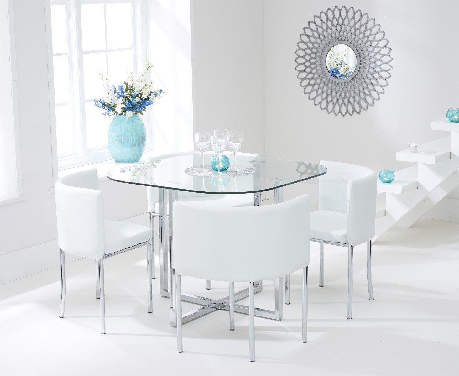 Product photograph of Algarve Clear Glass Dining Table With 4 White High Back Stools from Oak Furniture Superstore