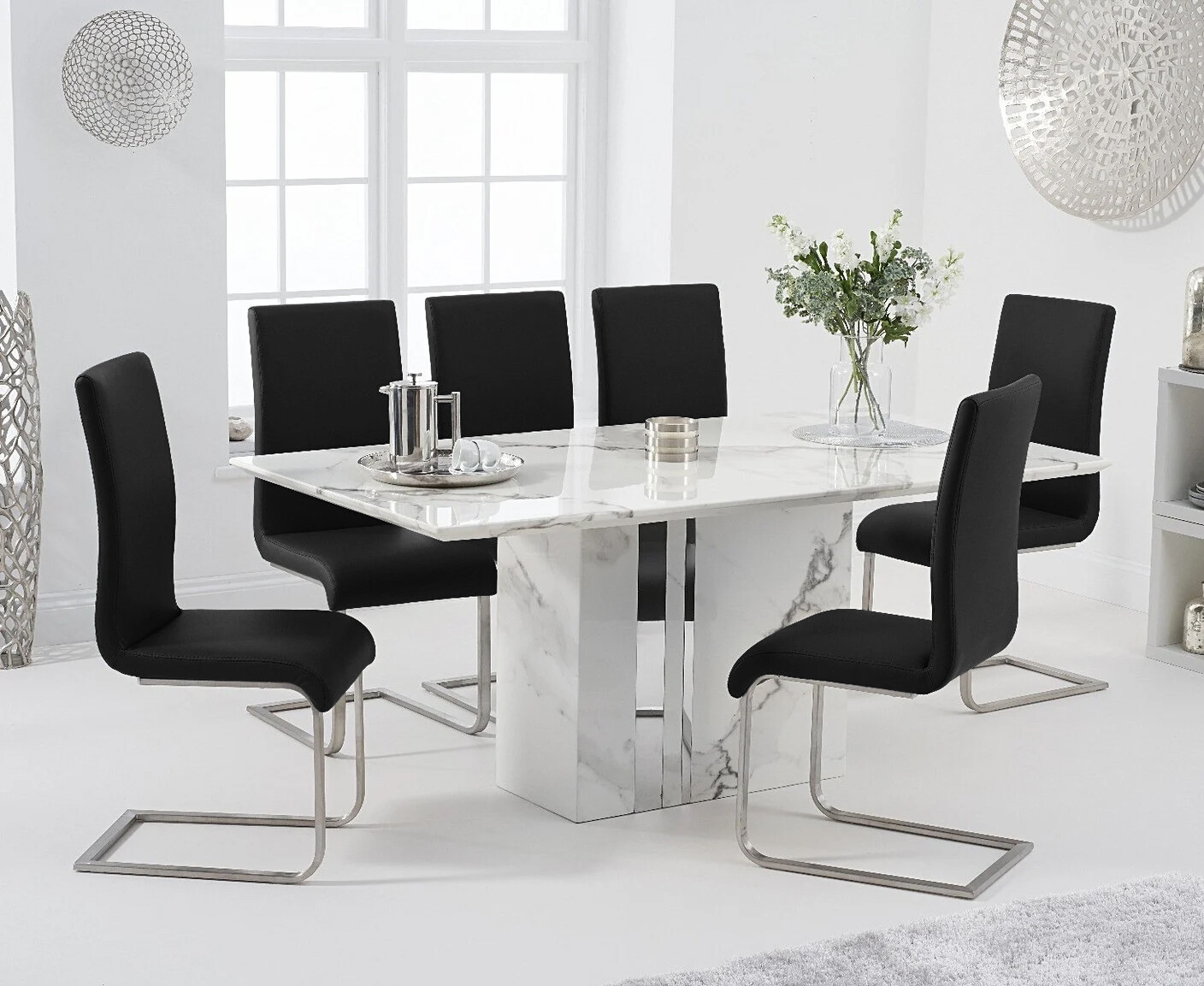 Product photograph of Alicia 180cm White Marble Dining Table With 4 Grey Austin Chairs from Oak Furniture Superstore