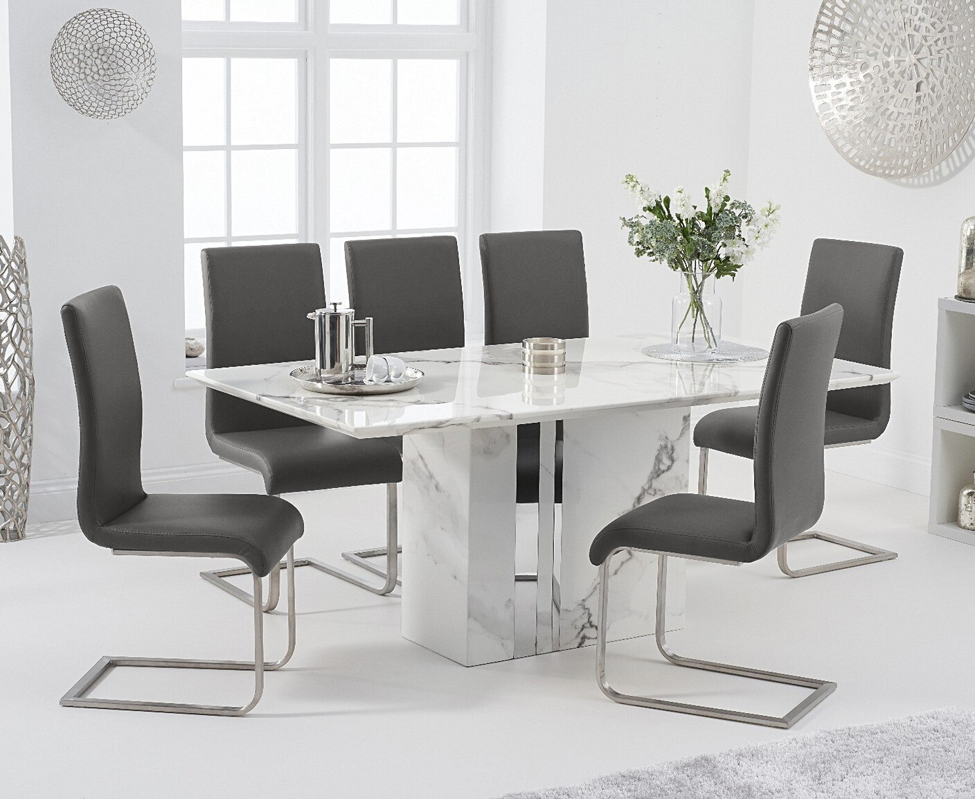 Alicia 180cm White Marble Dining Table With 4 Grey Austin Chairs