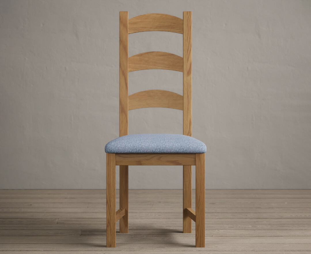 Alton Solid Oak Dining Chairs With Sky Blue Fabric Seat Pad