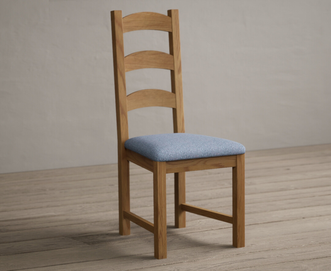 Photo 1 of Alton solid oak dining chairs with blue fabric seat pad