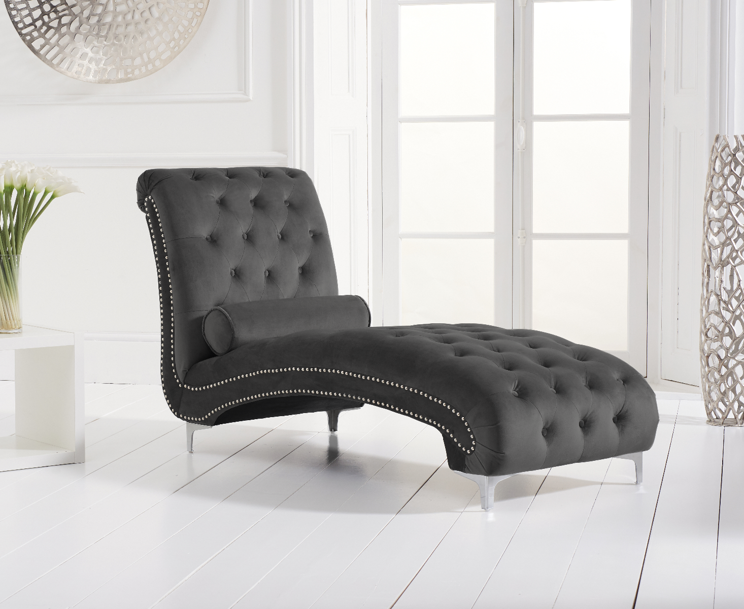 Product photograph of Amelie Grey Velvet Chaise Lounge from Oak Furniture Superstore