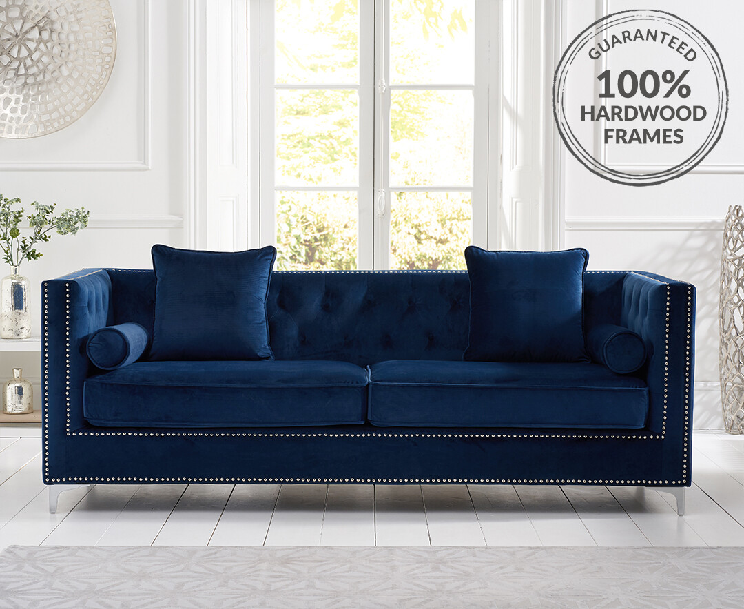 Blue velvet shop 4 seater sofa