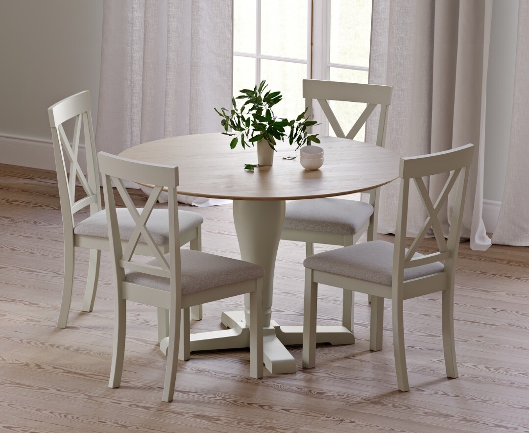 Ancona Oak And Soft Green Painted 120cm Round Dining Table With 4 Light Grey Hertford Chairs