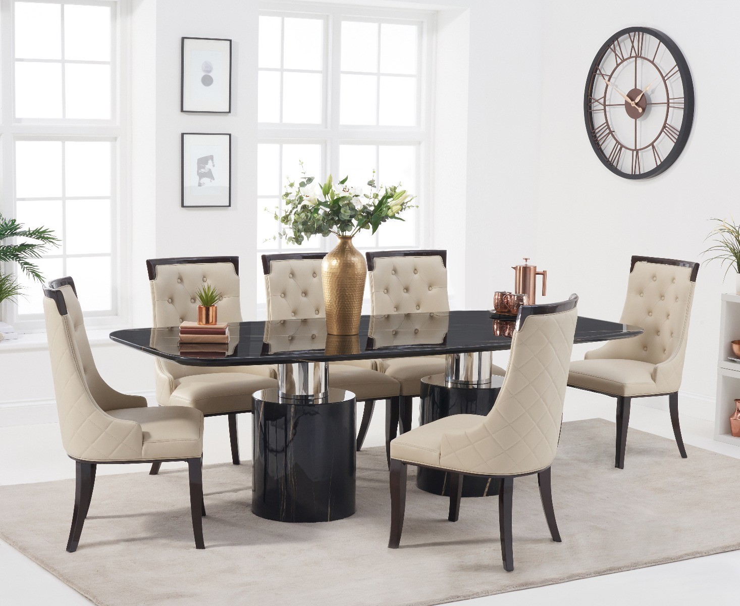 Product photograph of Antonio 180cm Black Marble Dining Table With 4 Cream Francesca Chairs from Oak Furniture Superstore