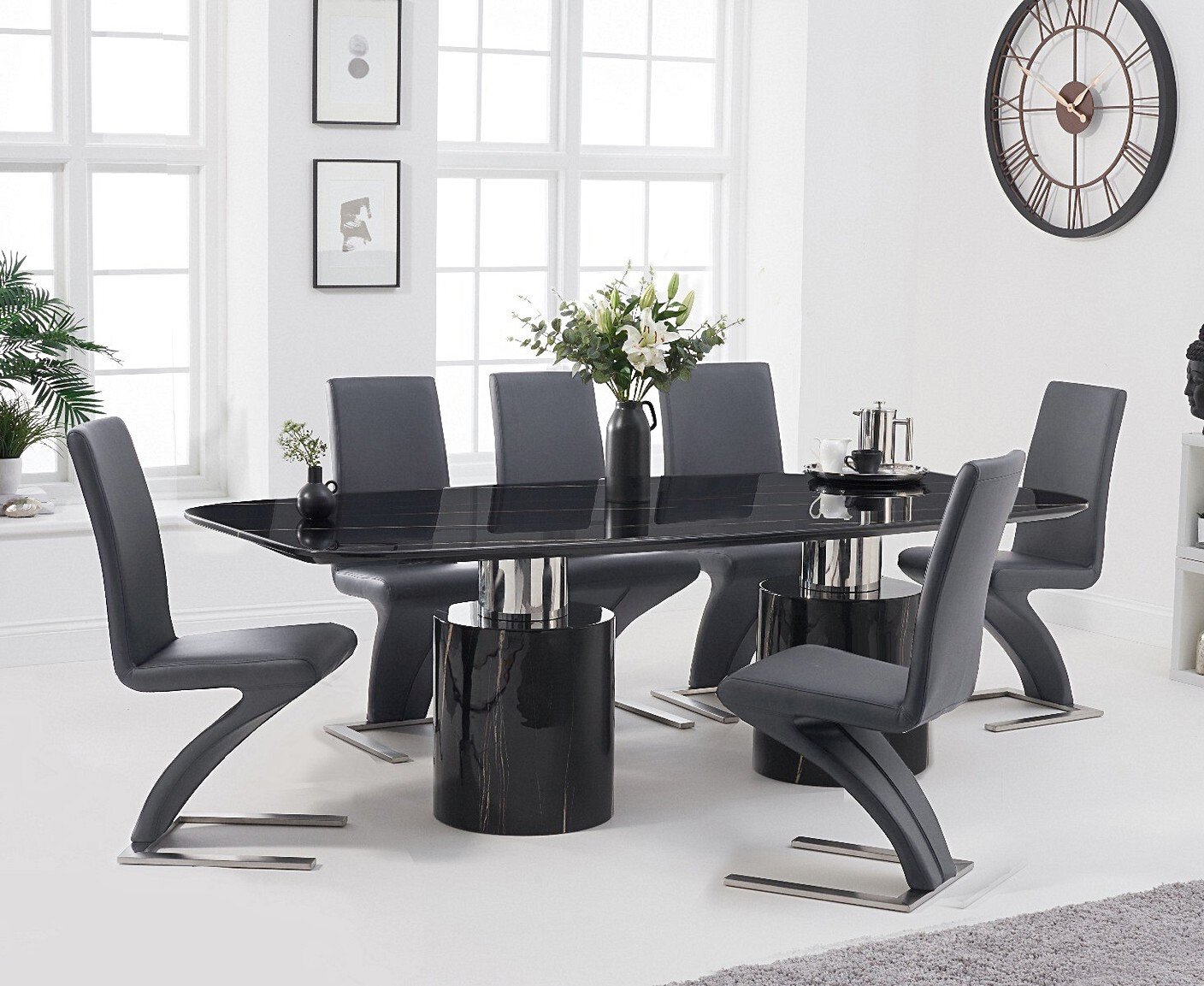 Antonio 180cm Black Marble Dining Table With 8 Grey Aldo Chairs