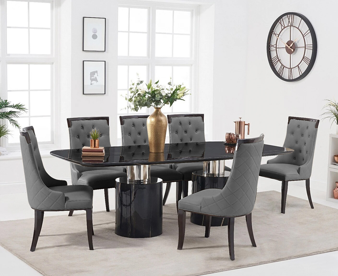 Photo 2 of Antonio 180cm black marble dining table with 8 grey francesca chairs