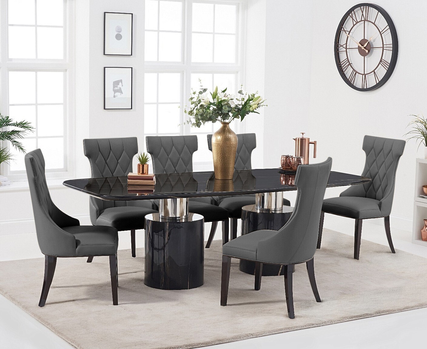 Photo 2 of Antonio 180cm black marble dining table with 8 cream sophia chairs