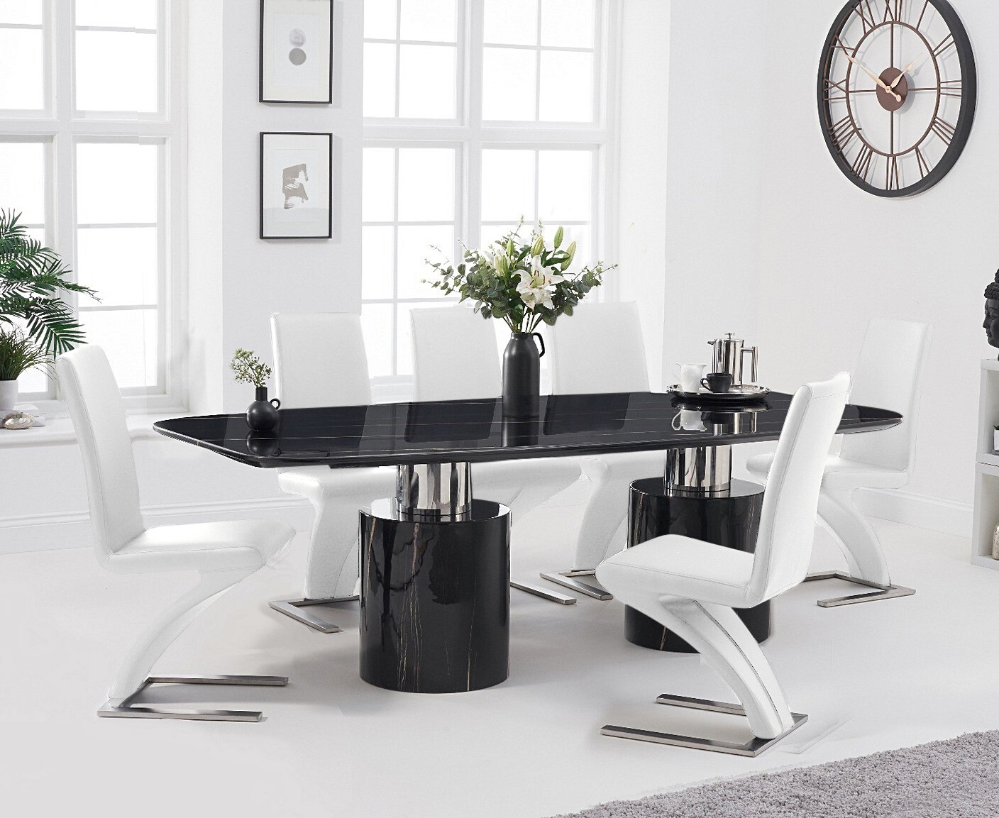 Antonio 180cm Black Marble Dining Table With 8 White Aldo Chairs