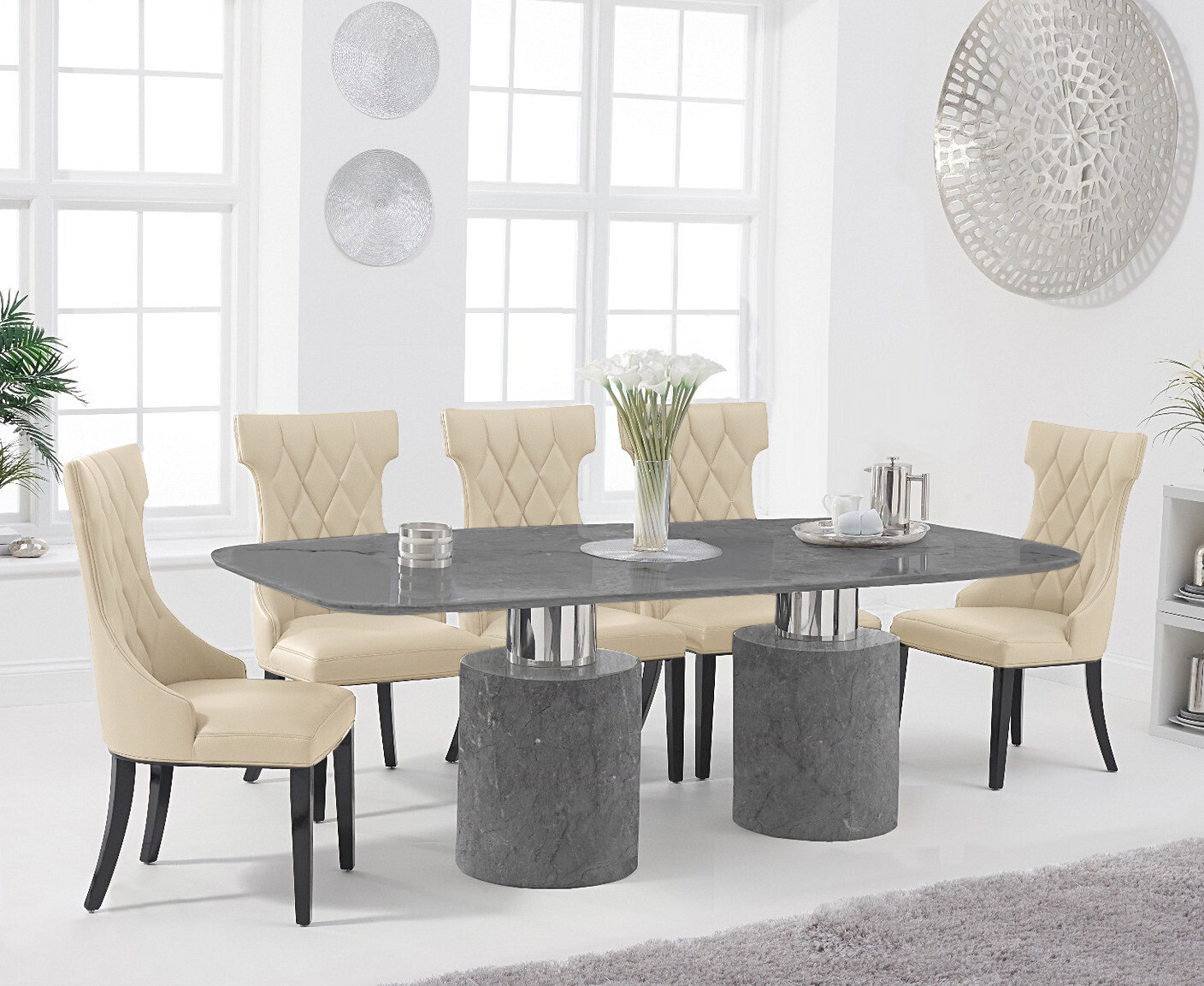 Product photograph of Antonio 180cm Grey Marble Table With 8 Cream Sophia Chairs from Oak Furniture Superstore