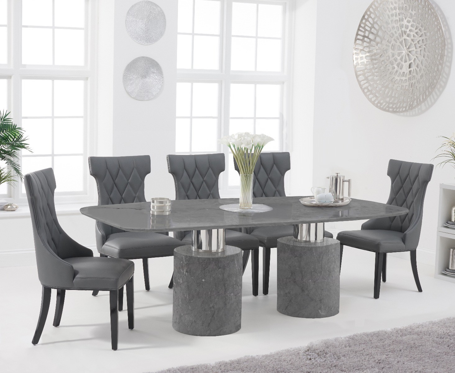 Product photograph of Antonio 180cm Grey Marble Table With 6 Grey Sophia Chairs from Oak Furniture Superstore