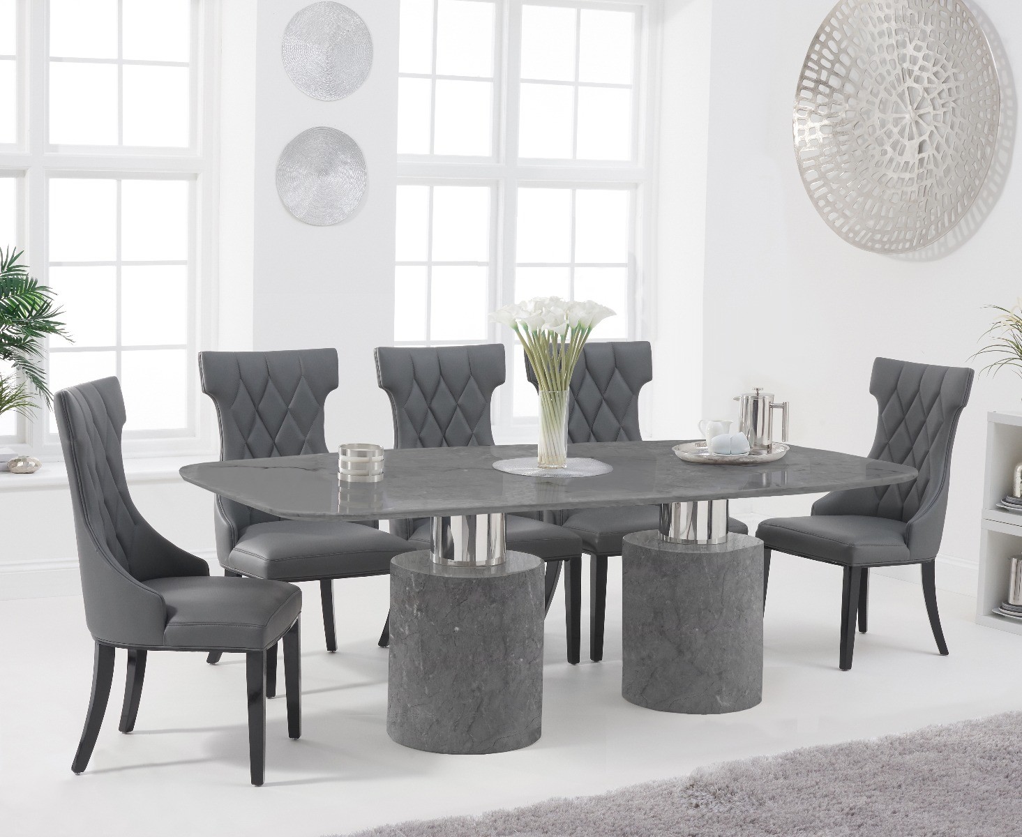 Antonio 180cm Grey Marble Dining Table With 6 Cream Sophia Chairs