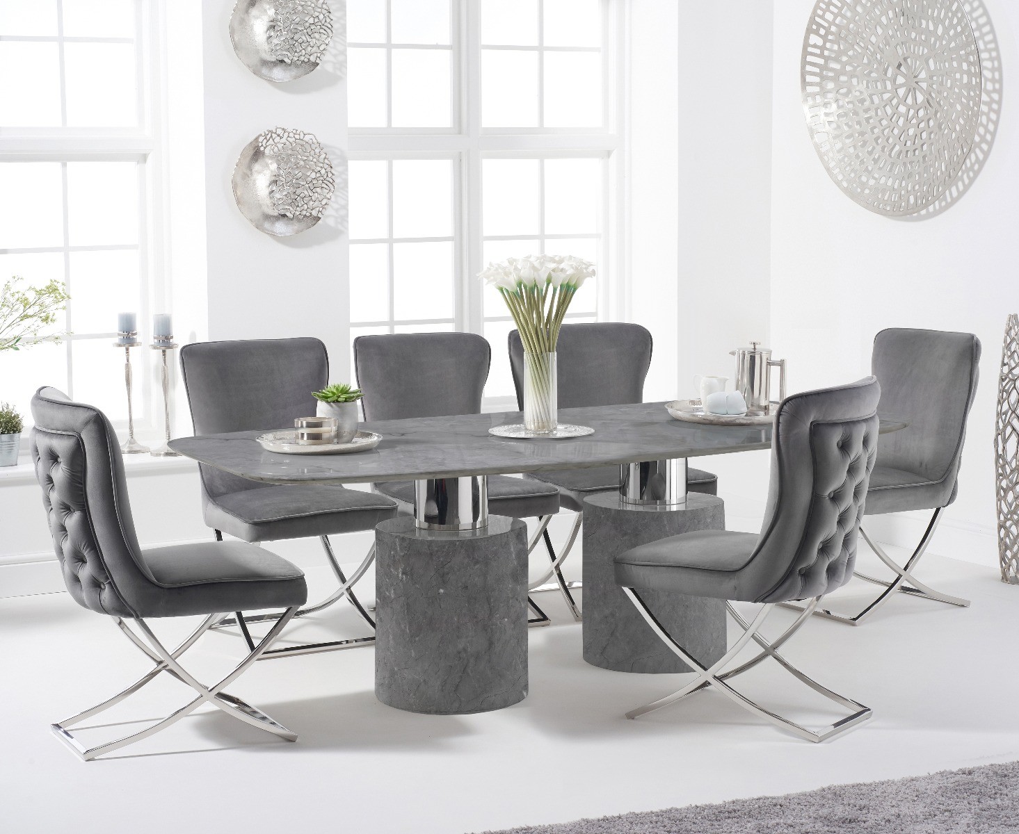 Product photograph of Antonio 180cm Grey Marble Table With 8 Grey Lorenzo Chairs from Oak Furniture Superstore