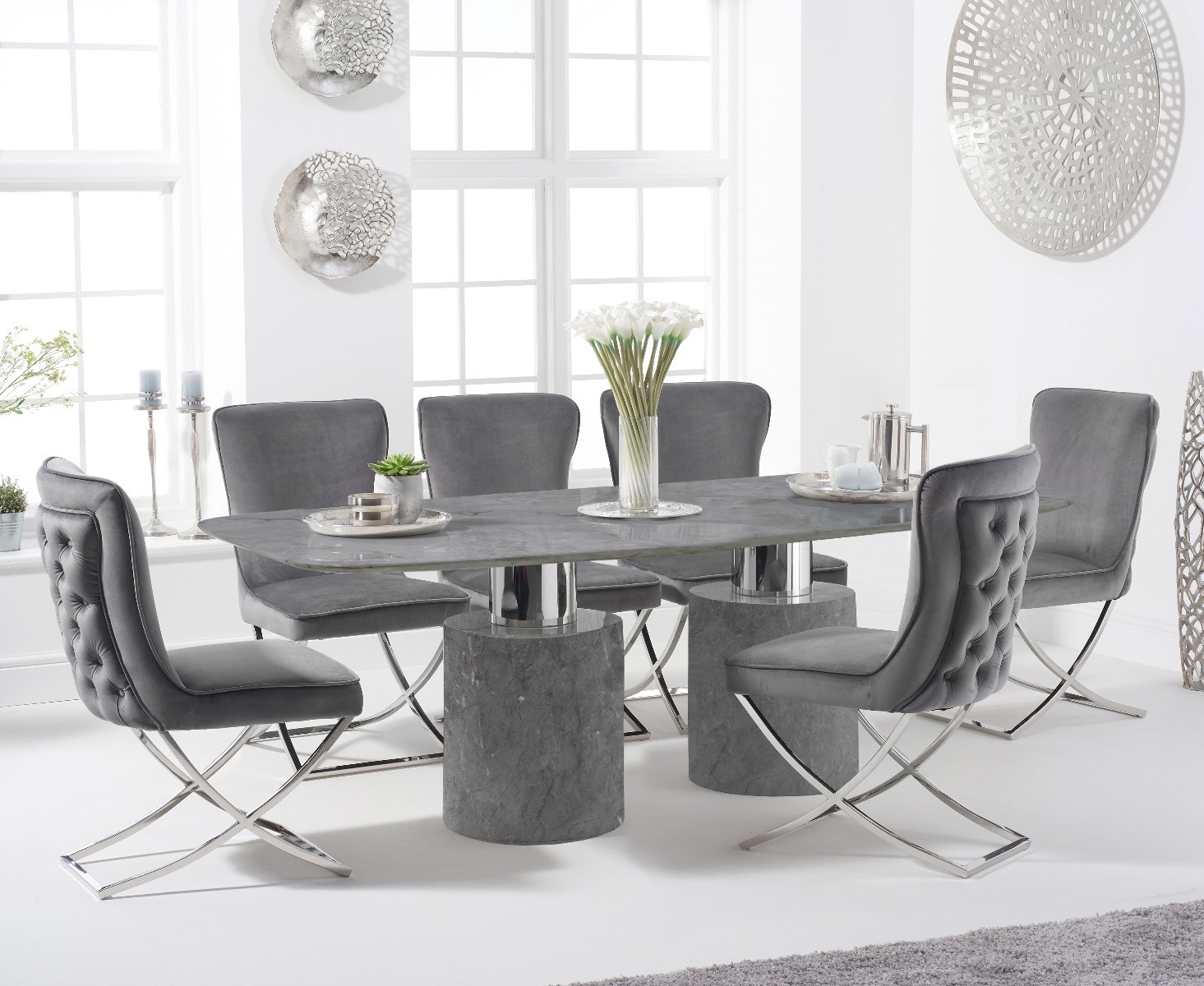 Antonio 180cm Grey Marble Dining Table With 6 Grey Lorenzo Chairs
