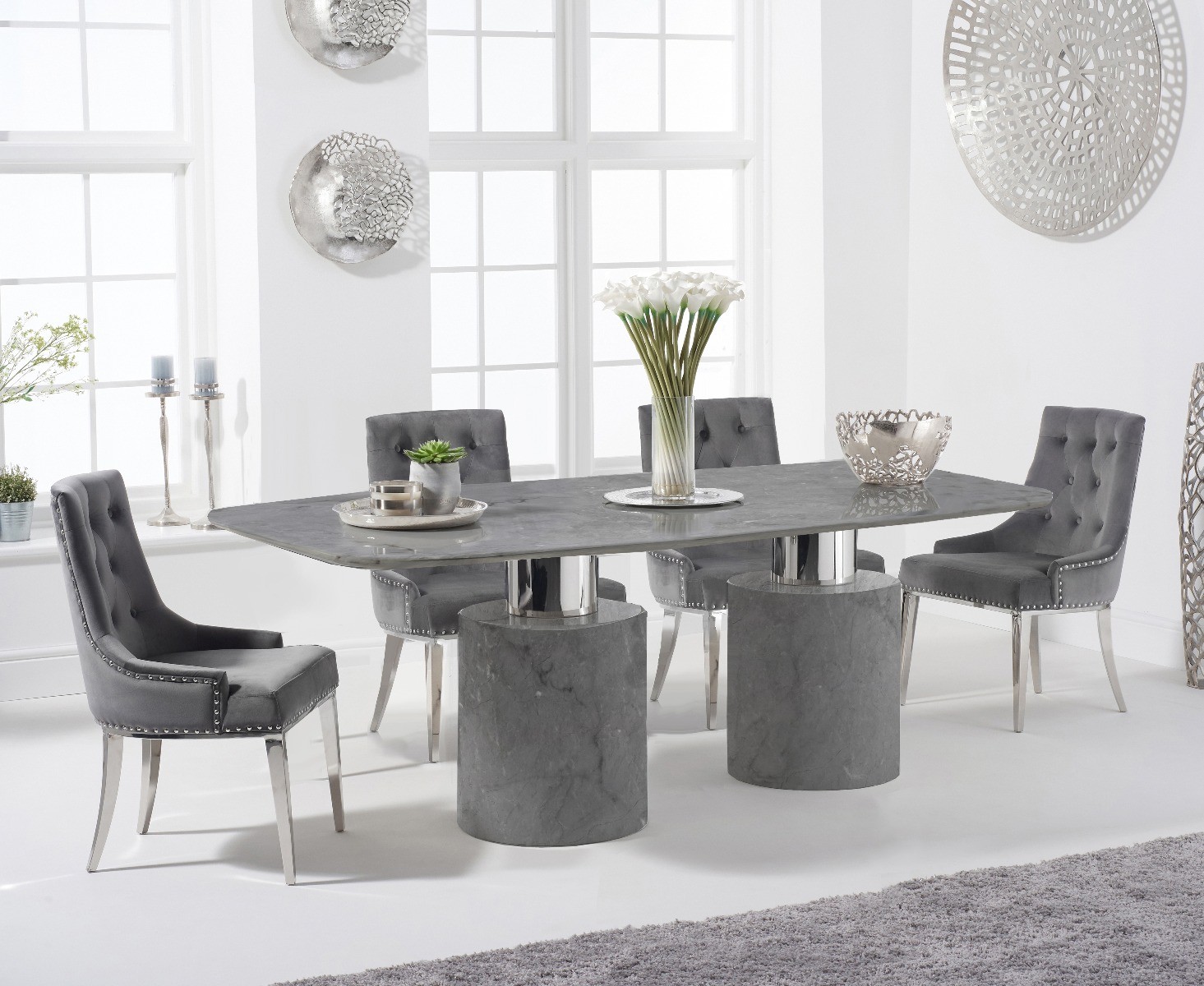 Product photograph of Antonio 180cm Grey Marble Table With 6 Grey Sienna Velvet Chairs from Oak Furniture Superstore