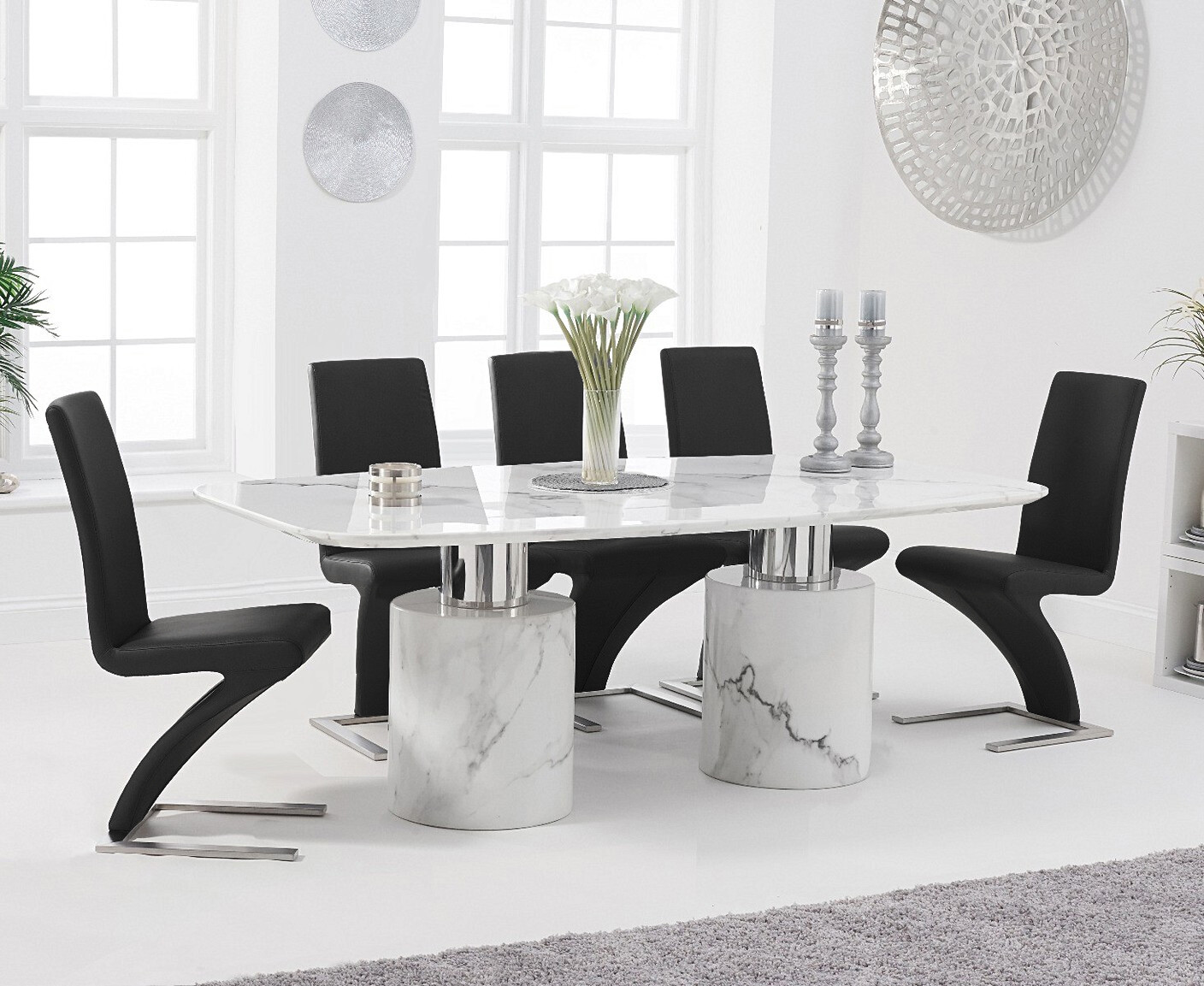 Product photograph of Antonio 180cm White Marble Dining Table With 4 Black Aldo Chairs from Oak Furniture Superstore