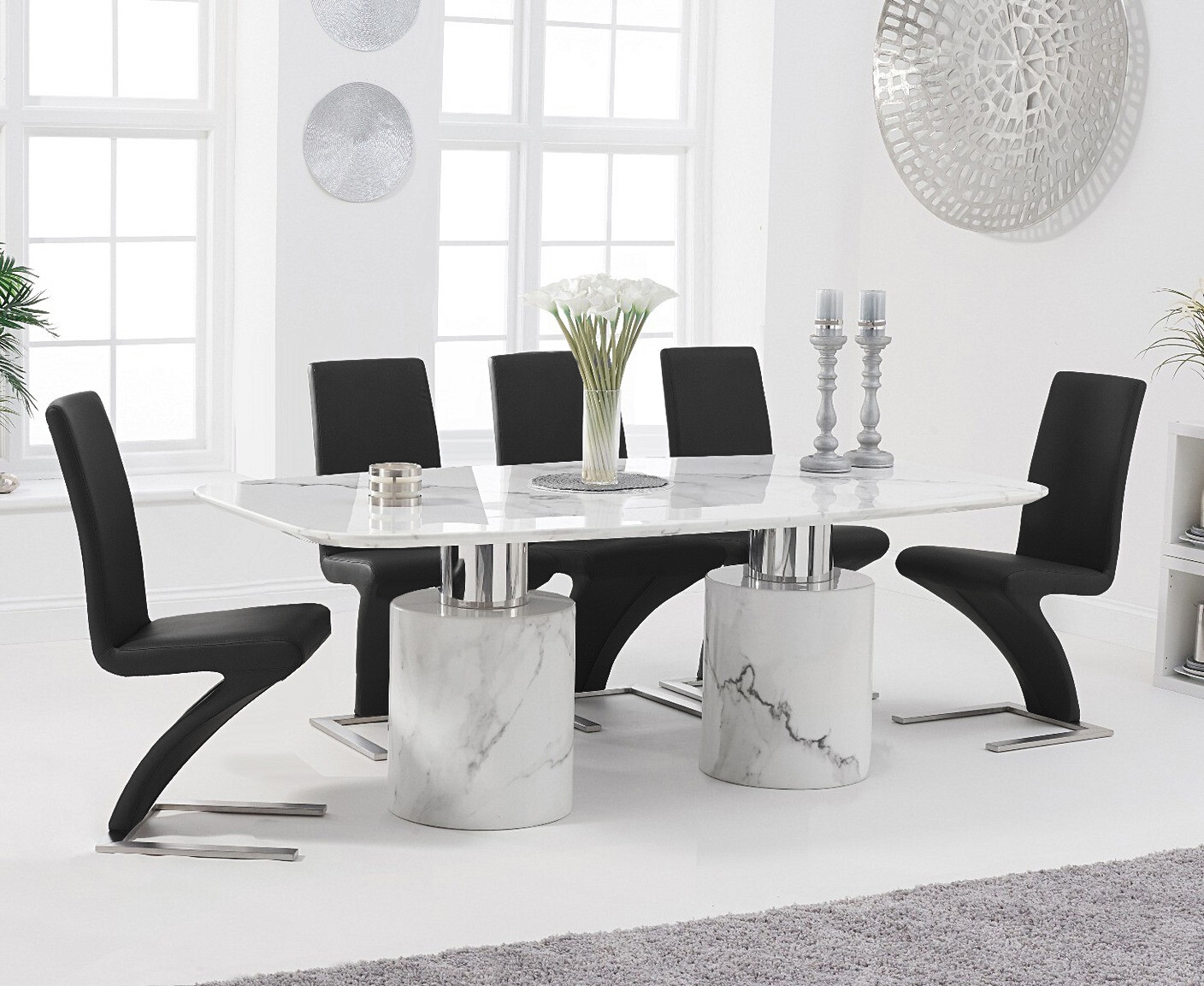 Antonio 180cm White Marble Dining Table With 4 Black Aldo Chairs