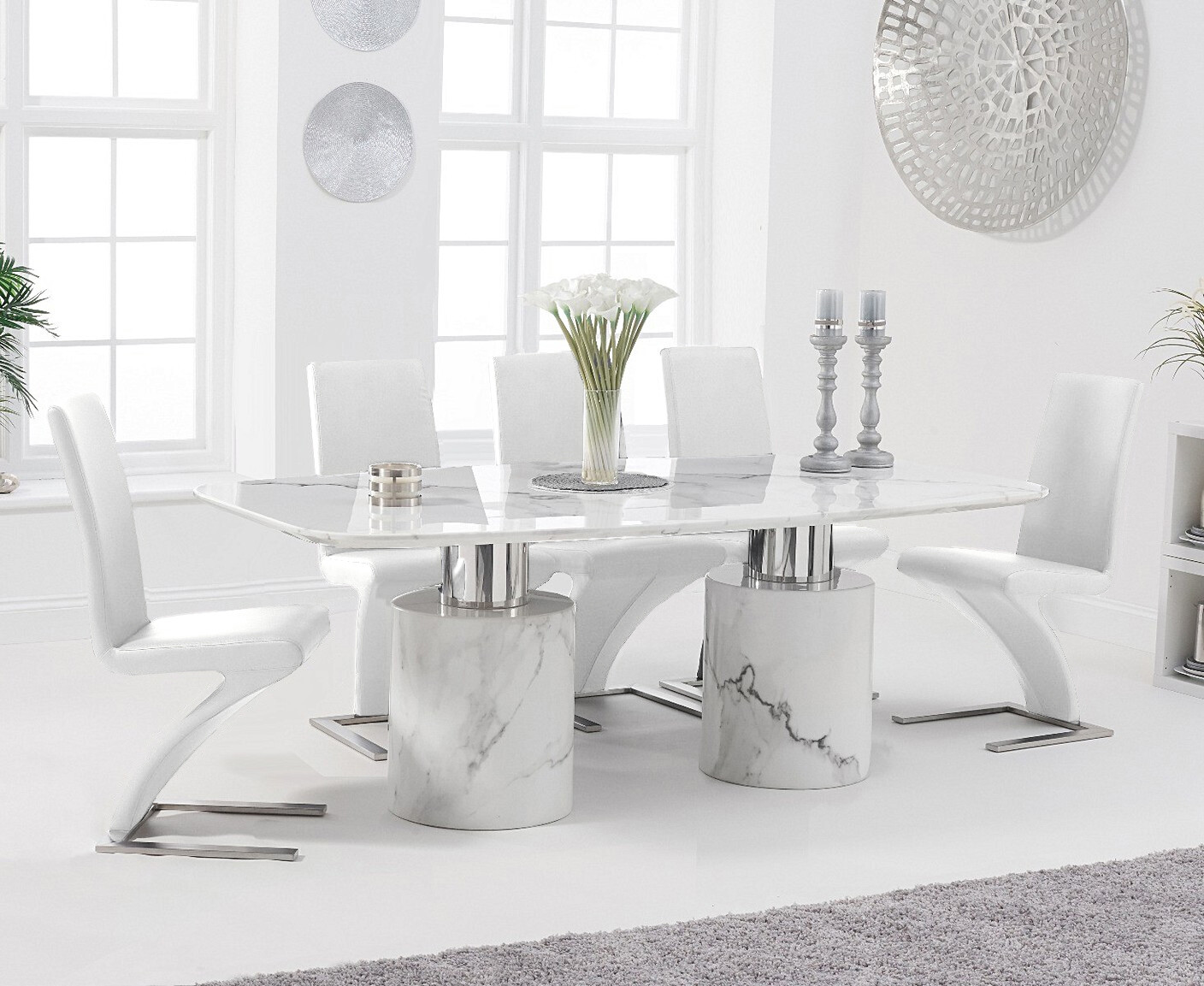 Antonio 180cm White Marble Dining Table With 8 White Aldo Chairs
