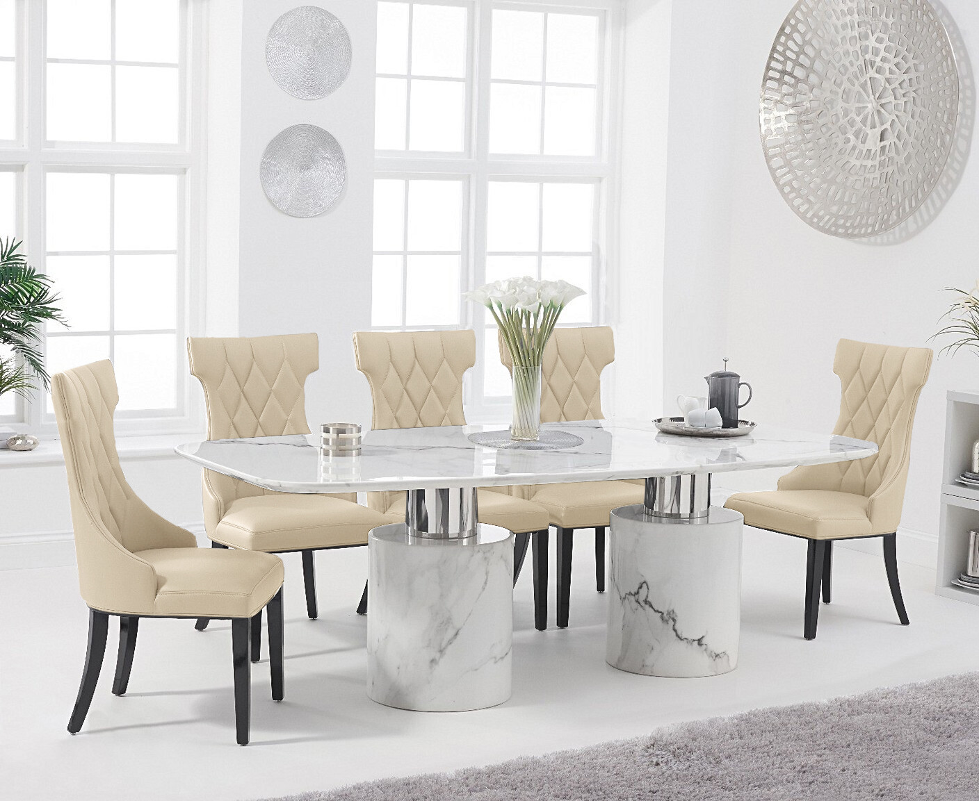 Product photograph of Antonio 180cm White Marble Dining Table With 8 Cream Sophia Chairs from Oak Furniture Superstore