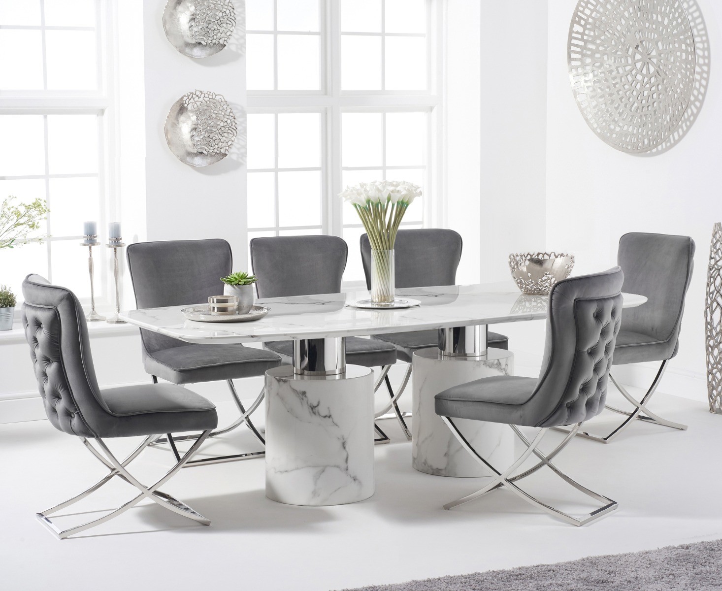 Product photograph of Antonio 180cm White Marble Table With 4 Grey Lorenzo Chairs from Oak Furniture Superstore