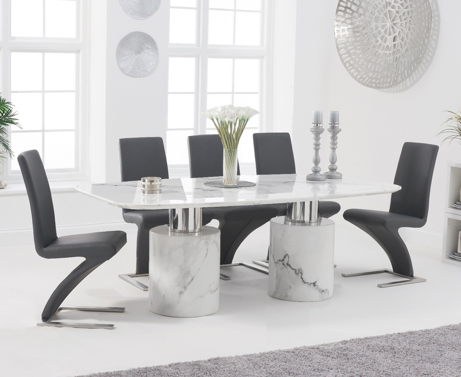 Product photograph of Antonio 180cm White Marble Dining Table With 8 Grey Aldo Chairs from Oak Furniture Superstore