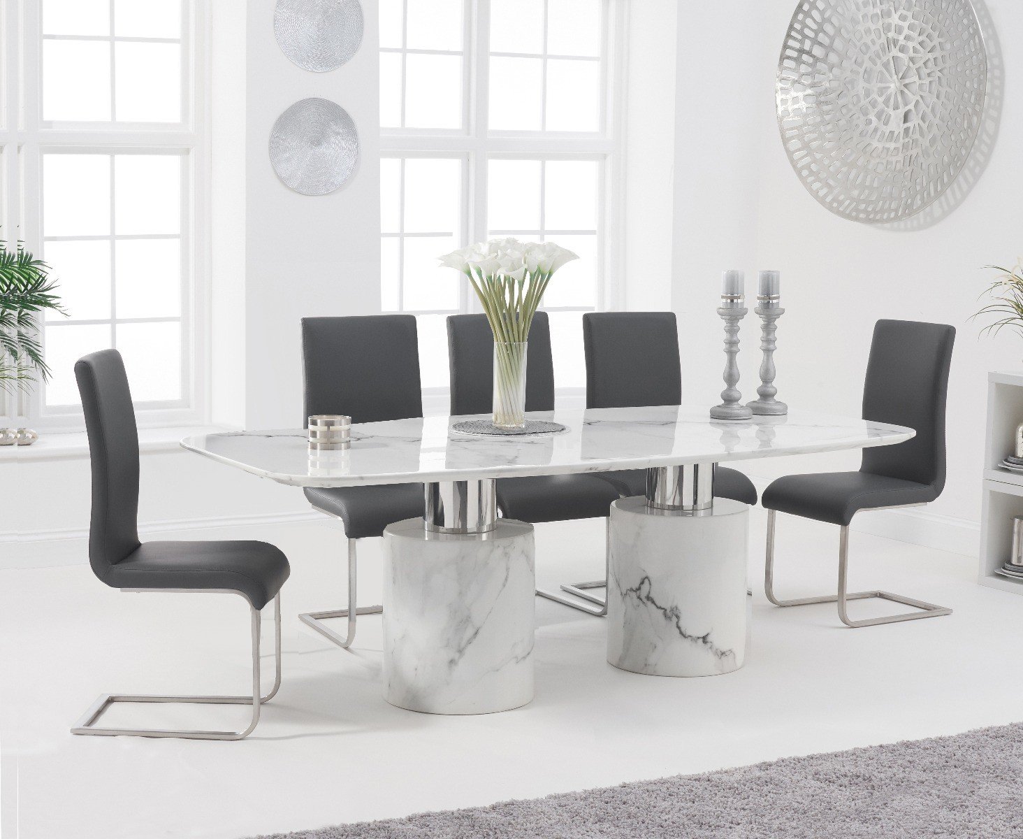 Antonio 180cm White Marble Dining Table With 4 Grey Austin Chairs