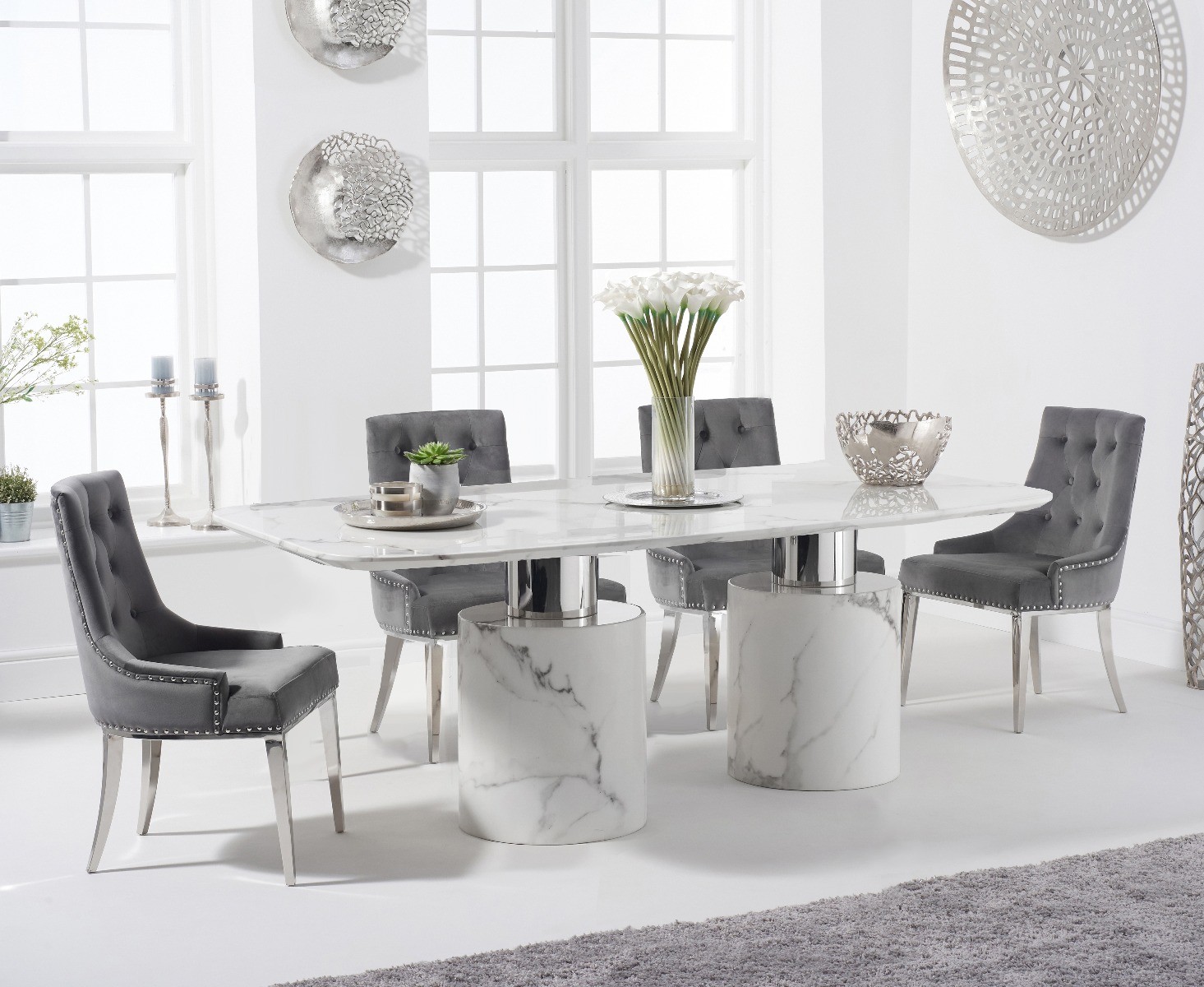 Product photograph of Antonio 180cm White Marble Table With 8 Grey Sienna Chairs from Oak Furniture Superstore