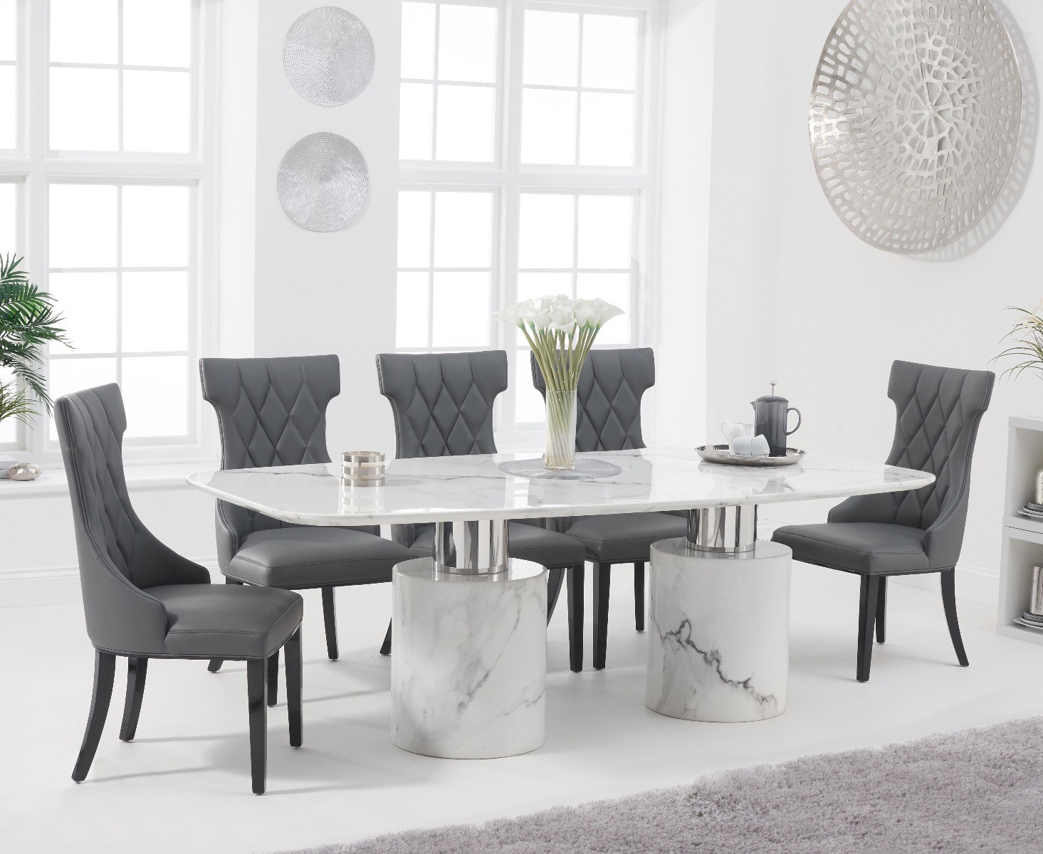 Antonio 220cm White Marble Dining Table With 6 Grey Sophia Chairs