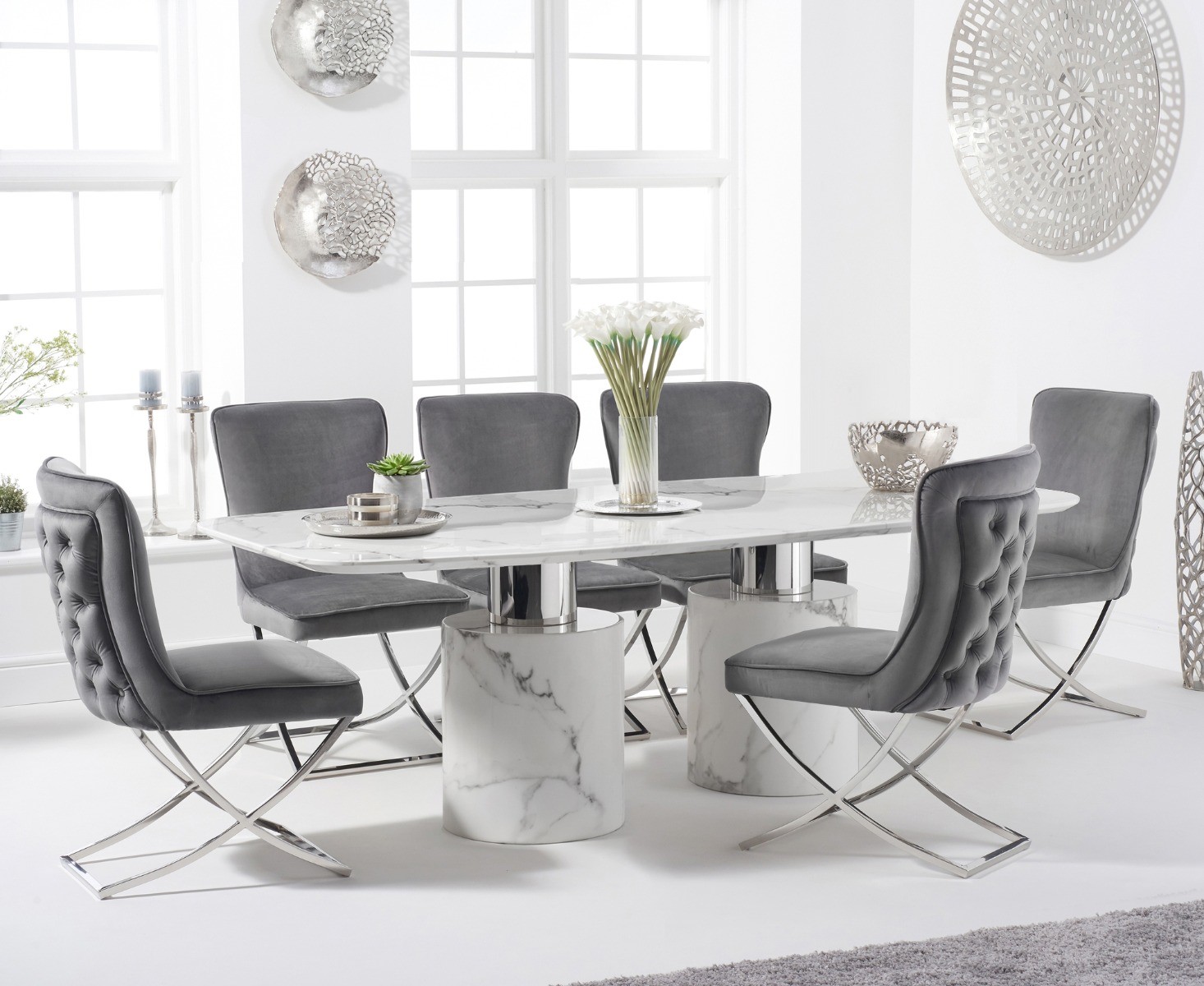 Product photograph of Antonio 220cm White Marble Table With 8 Grey Lorenzo Chairs from Oak Furniture Superstore