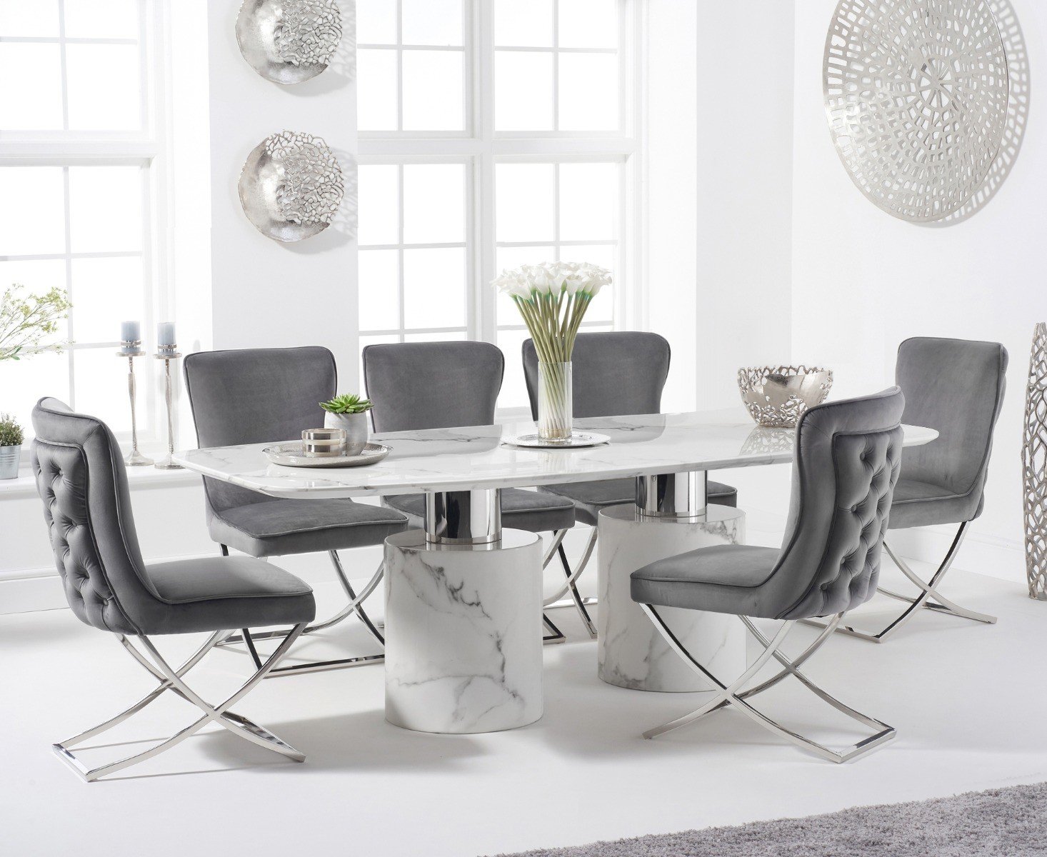 Antonio 220cm White Marble Dining Table With 6 Grey Lorenzo Chairs
