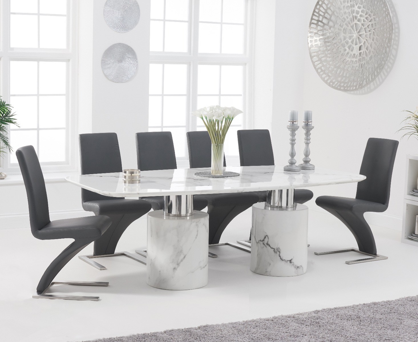 Antonio 220cm White Marble Dining Table With 6 Grey Aldo Z Chairs