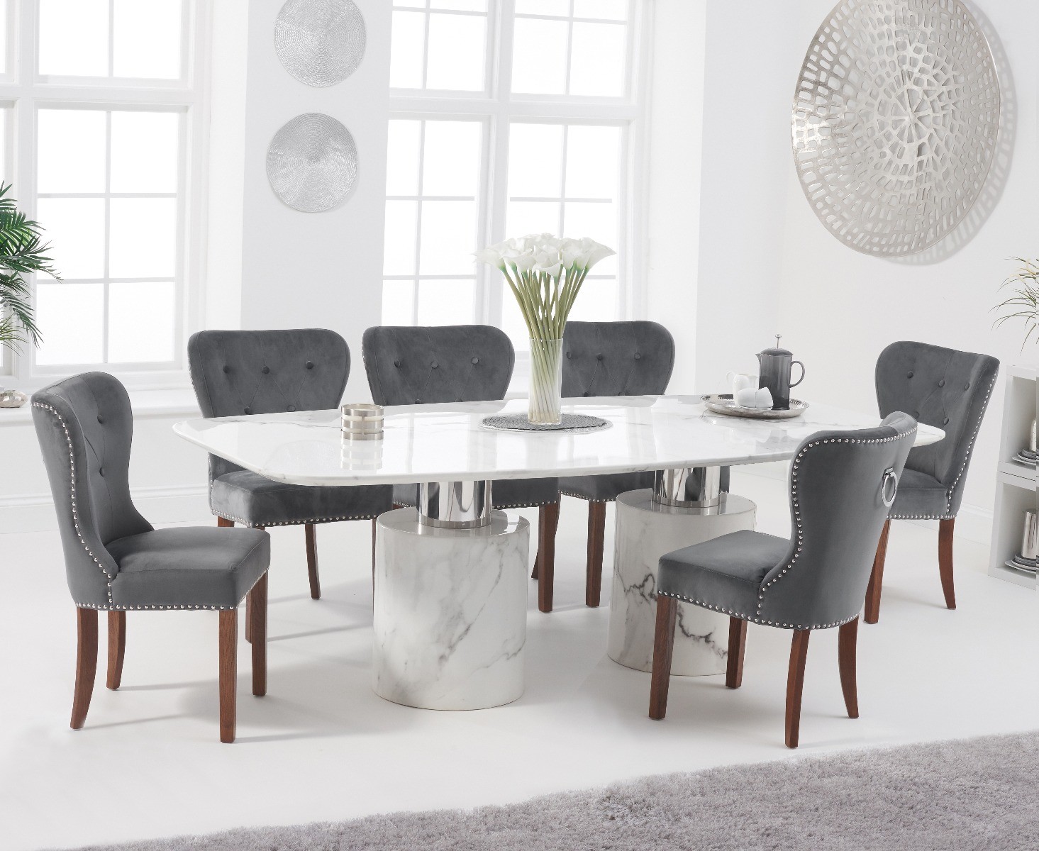 Product photograph of Antonio 220cm White Marble Dining Table With 6 Grey Keswick Chairs from Oak Furniture Superstore
