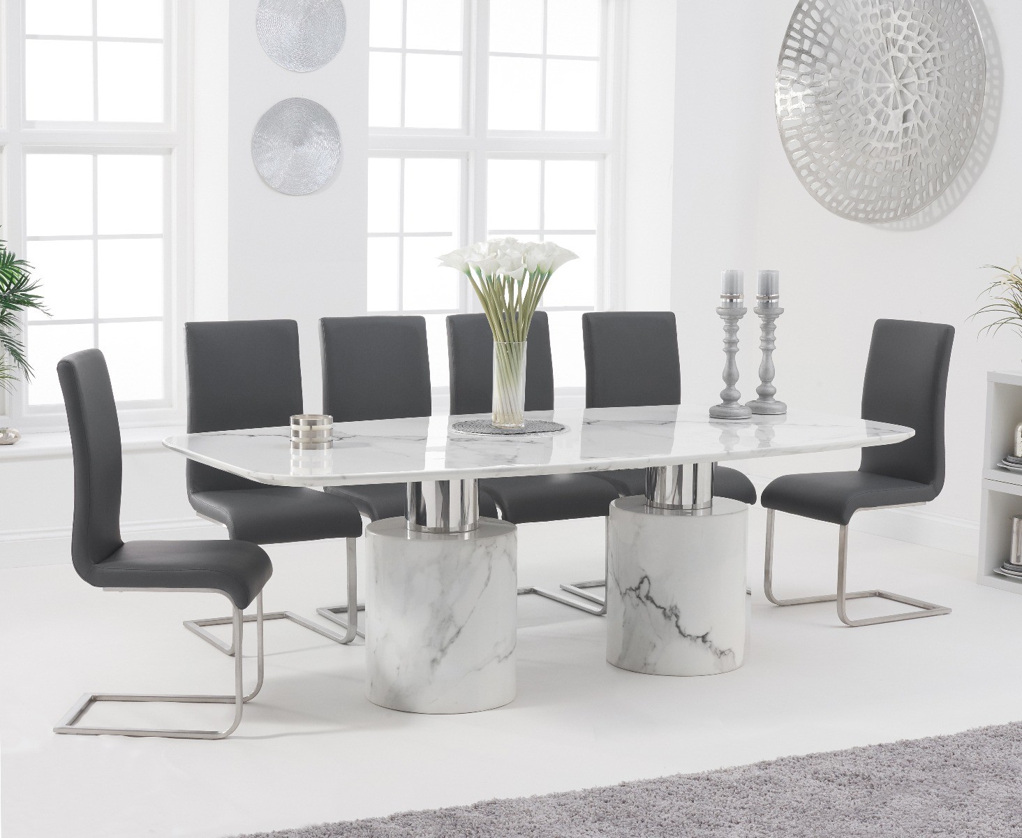 Product photograph of Antonio 220cm White Marble Table With 8 Grey Austin Chairs from Oak Furniture Superstore