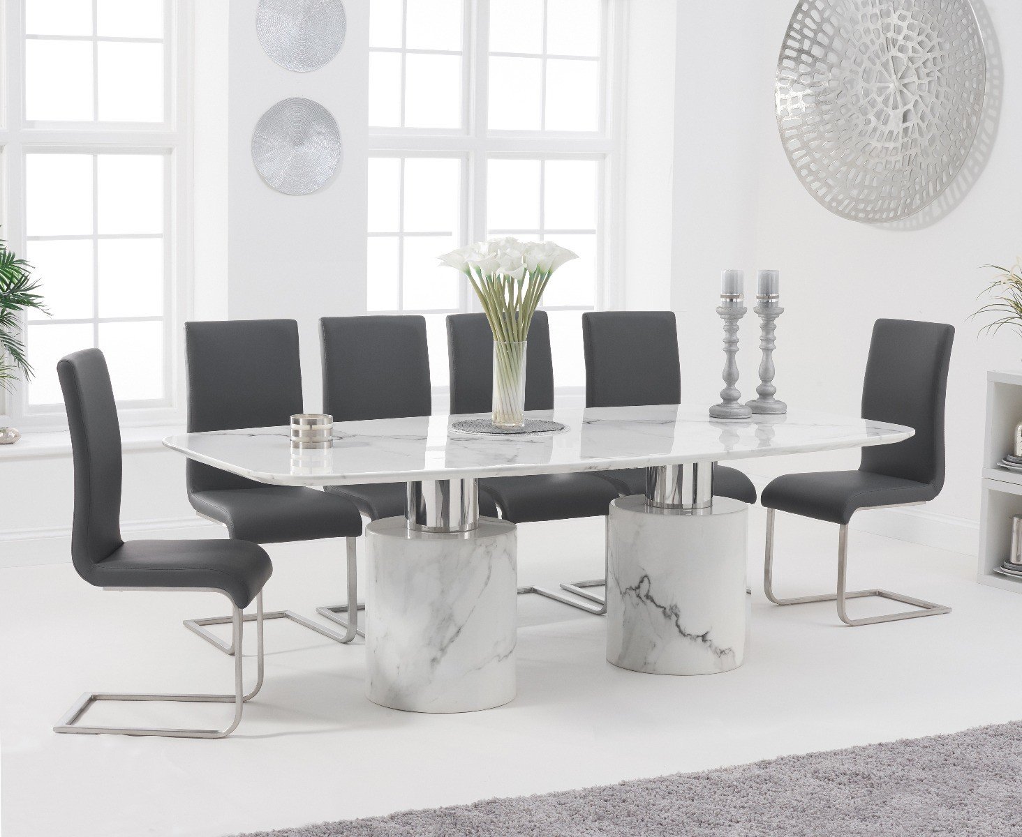 Antonio 220cm White Marble Dining Table With 6 White Austin Chairs