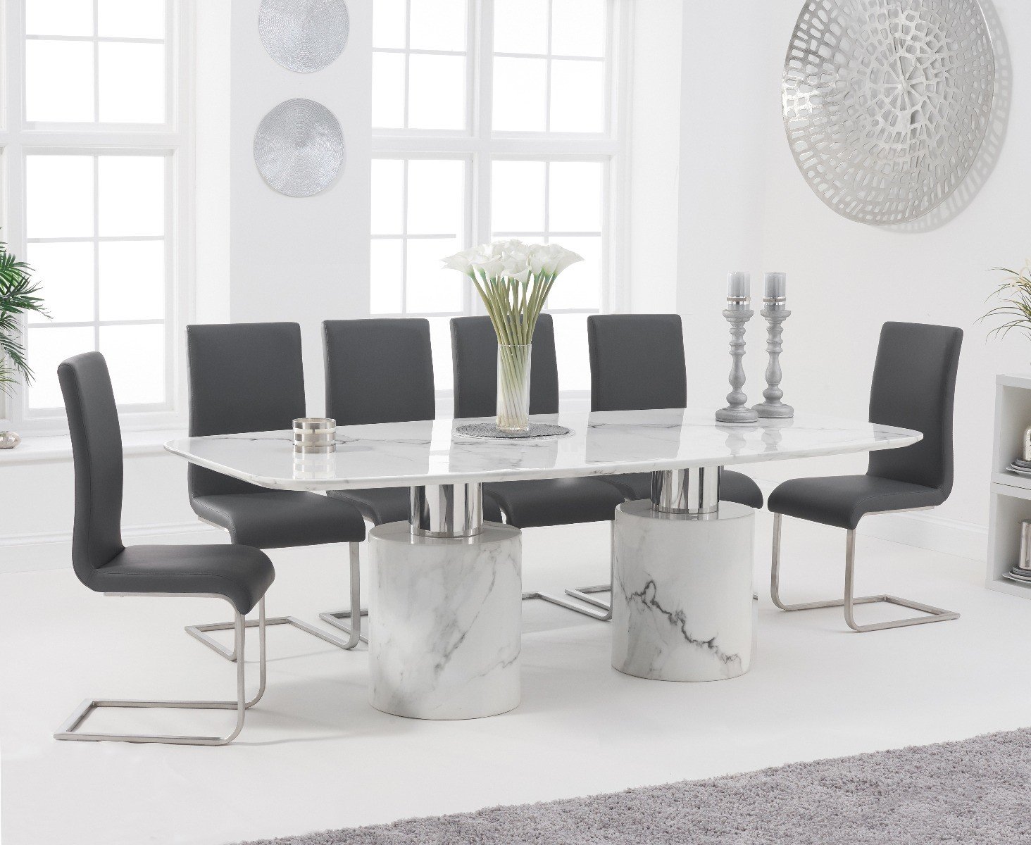 Product photograph of Antonio 220cm White Marble Table With 6 Grey Austin Chairs from Oak Furniture Superstore