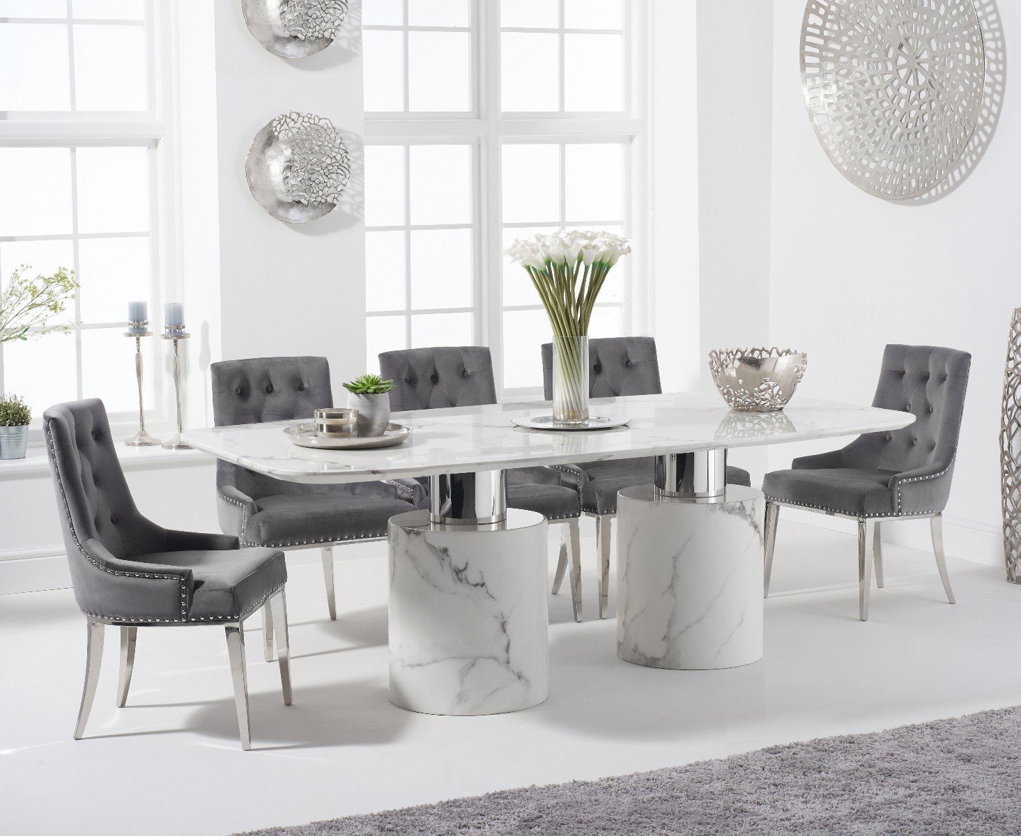 Antonio 220cm White Marble Dining Table With 10 Grey Sienna Chairs