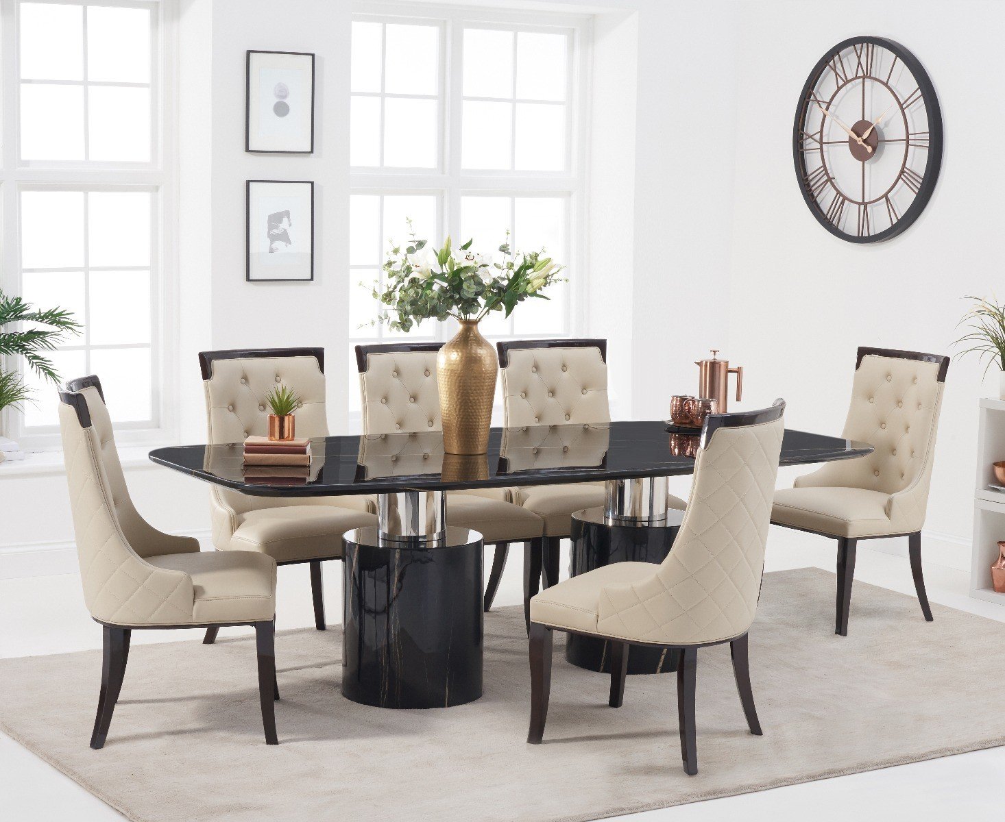 Antonio 220cm Black Marble Dining Table With 10 Cream Francesca Chairs
