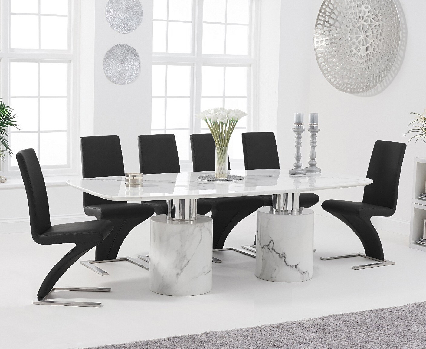 Product photograph of Antonio 220cm White Marble Dining Table With 6 Black Aldo Z Chairs from Oak Furniture Superstore