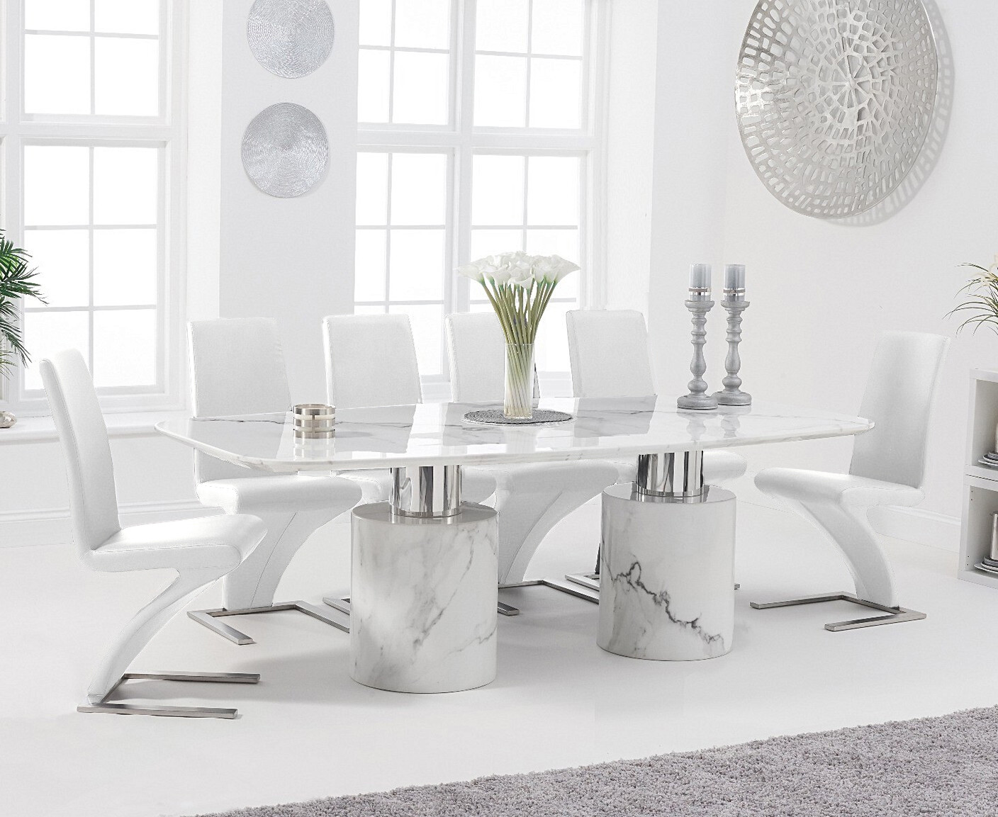 Product photograph of Antonio 220cm White Marble Dining Table With 6 Grey Aldo Chairs from Oak Furniture Superstore