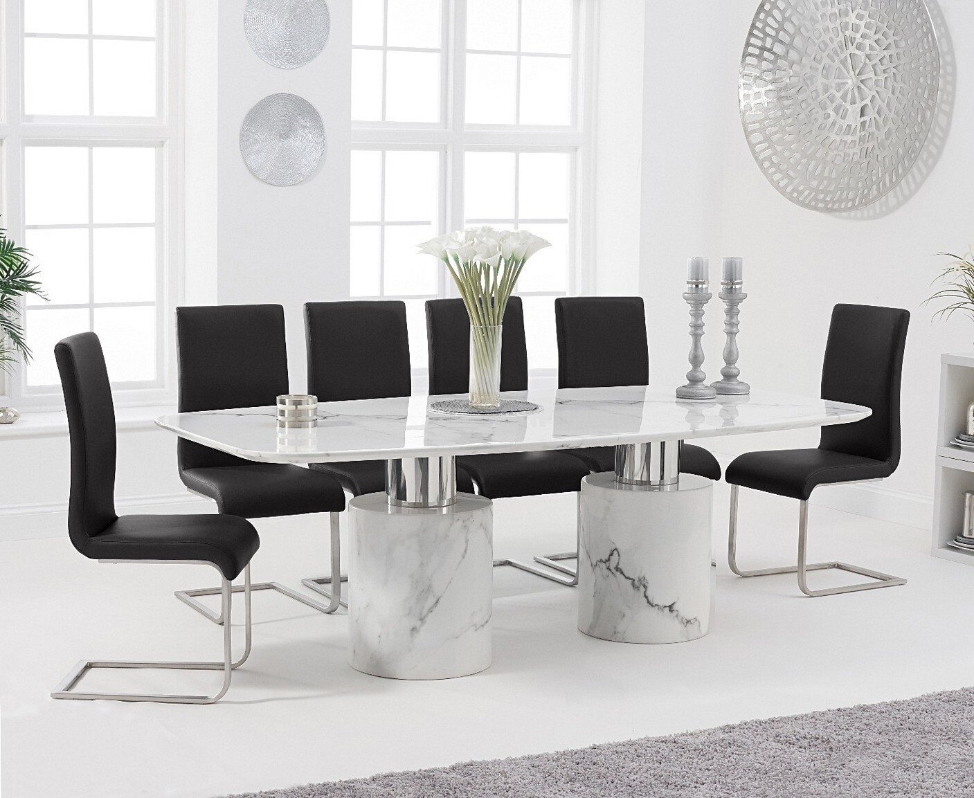Product photograph of Antonio 220cm White Marble Table With 6 Black Austin Chairs from Oak Furniture Superstore