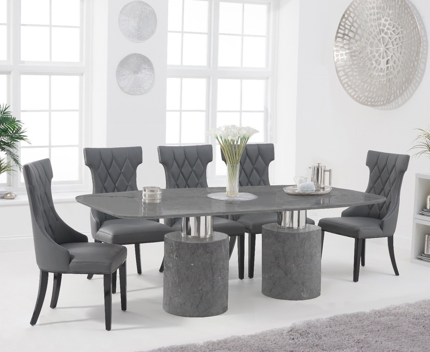 Antonio 220cm Grey Marble Dining Table With 10 Grey Sophia Chairs