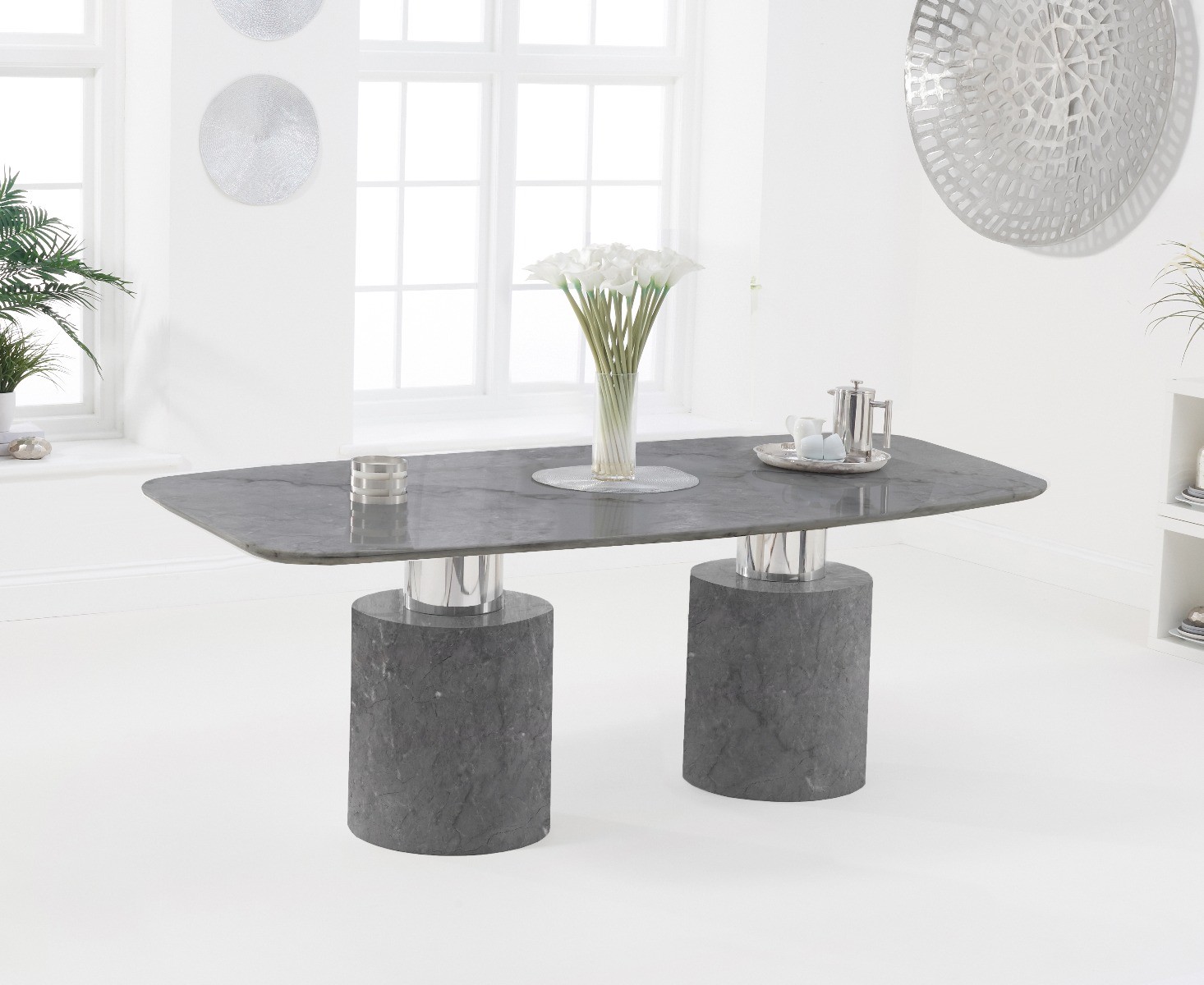 Photo 1 of Antonio 180cm grey marble table with 8 cream sophia chairs