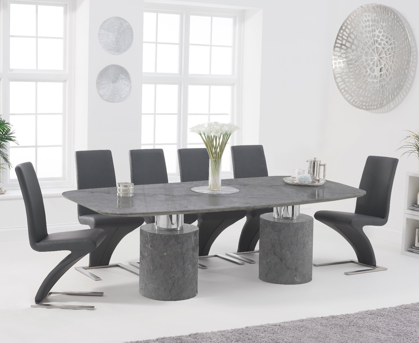Product photograph of Antonio 220cm Grey Marble Dining Table With 10 Black Aldo Chairs from Oak Furniture Superstore