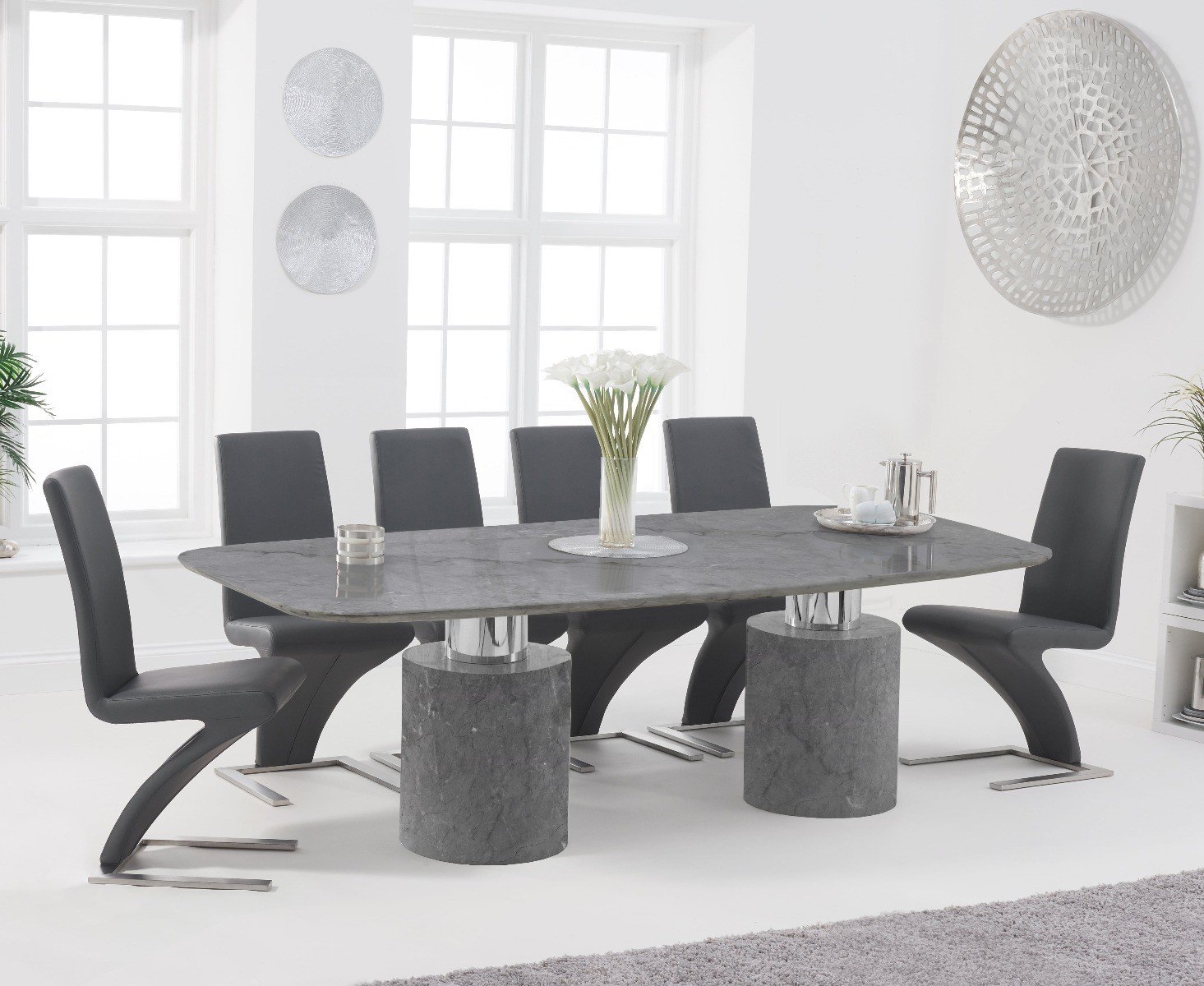 Antonio 220cm Grey Marble Dining Table With 10 Black Aldo Chairs
