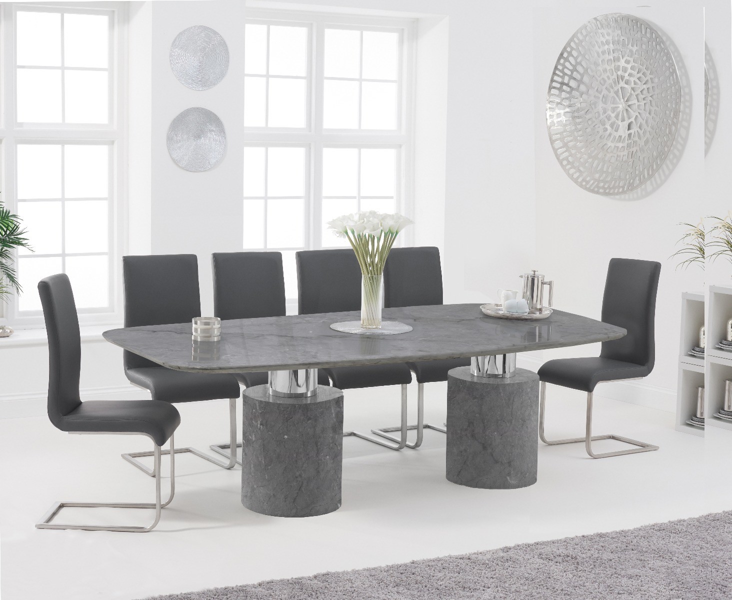 Antonio 220cm Grey Marble Dining Table With 8 White Austin Chairs