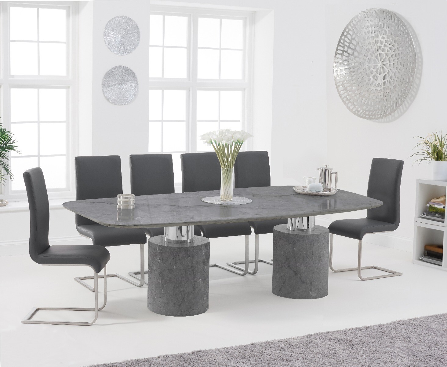 Product photograph of Antonio 220cm Grey Marble Dining Table With 8 Grey Austin Chairs from Oak Furniture Superstore