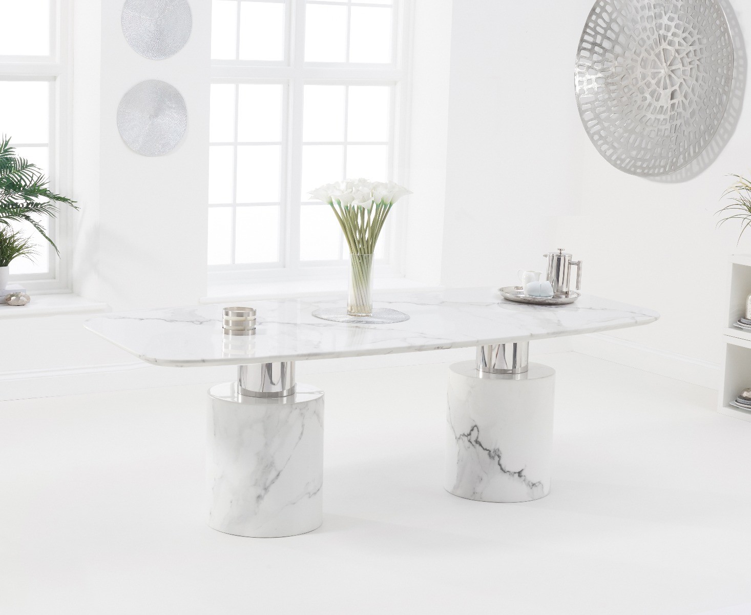 Photo 1 of Antonio 220cm white marble table with 8 grey sienna chairs