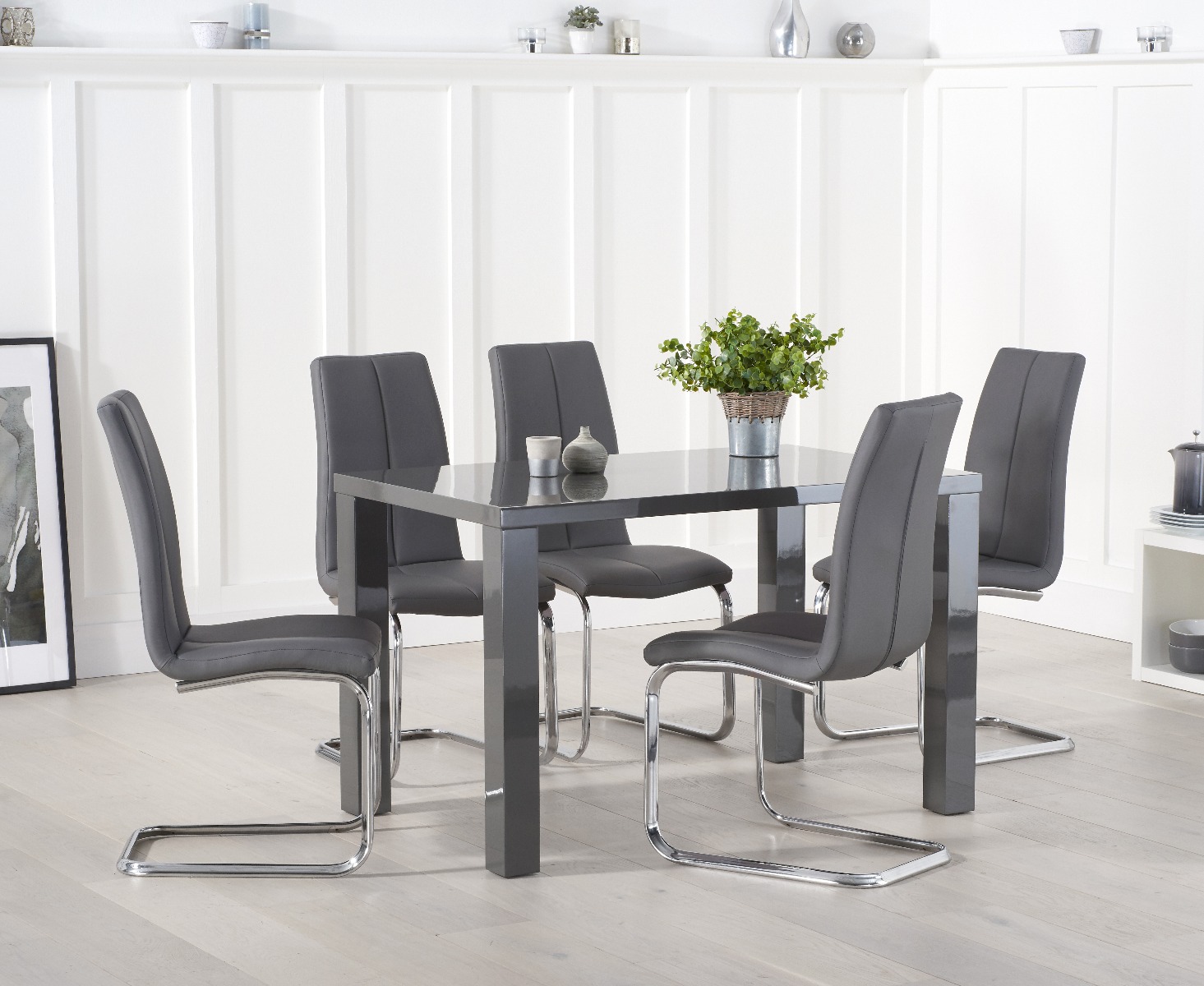 Product photograph of Seattle 120cm Dark Grey High Gloss Dining Table With 6 Grey Gianni Chairs from Oak Furniture Superstore