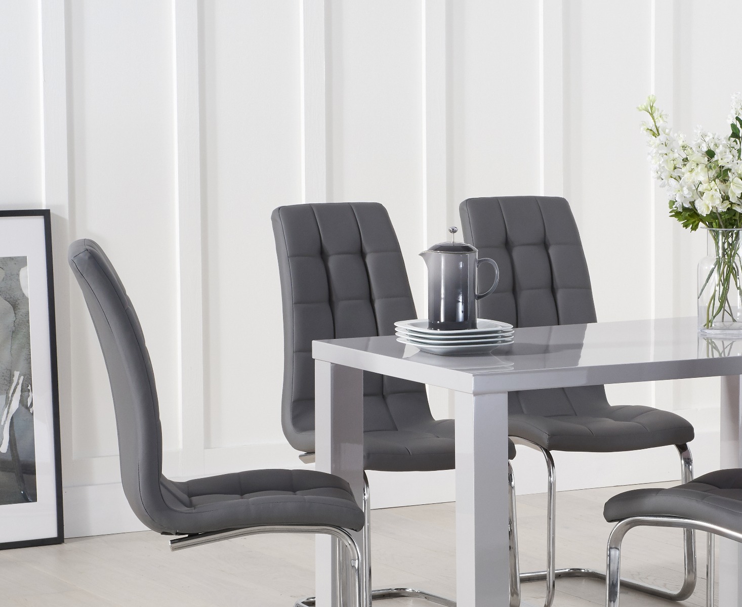 Photo 4 of Seattle 120cm light grey high gloss dining table with 6 black vigo chairs