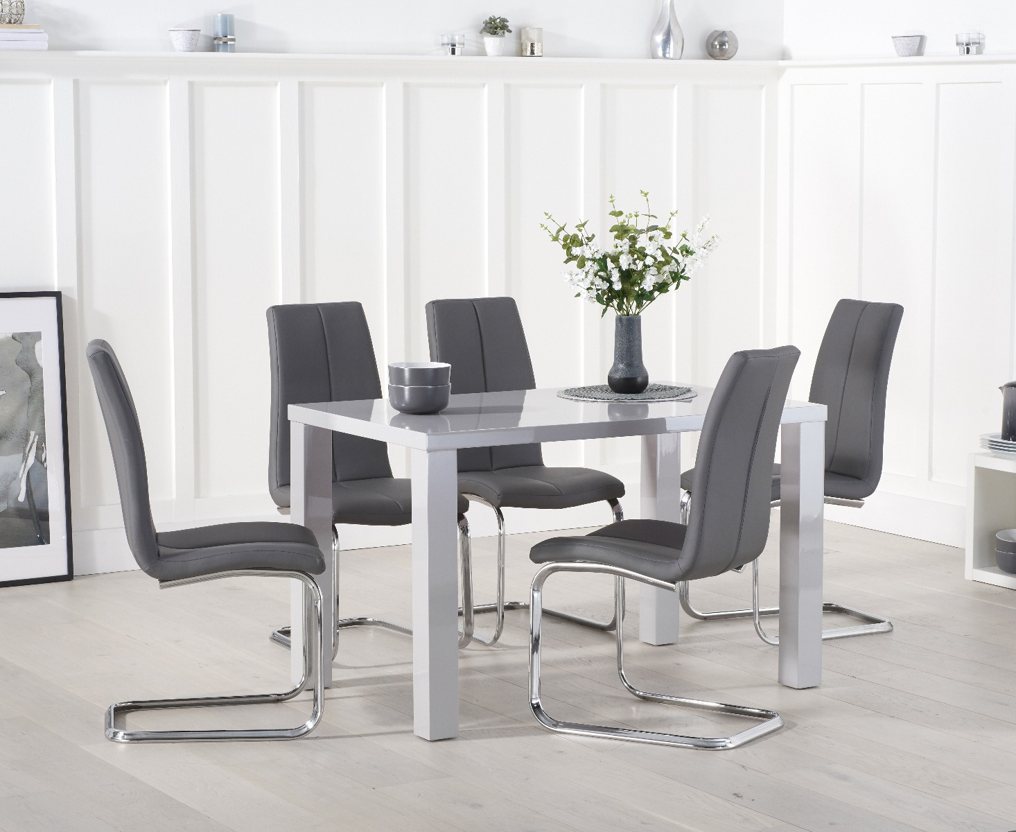 Product photograph of Seattle 120cm Light Grey High Gloss Dining Table With 6 Grey Gianni Chairs from Oak Furniture Superstore